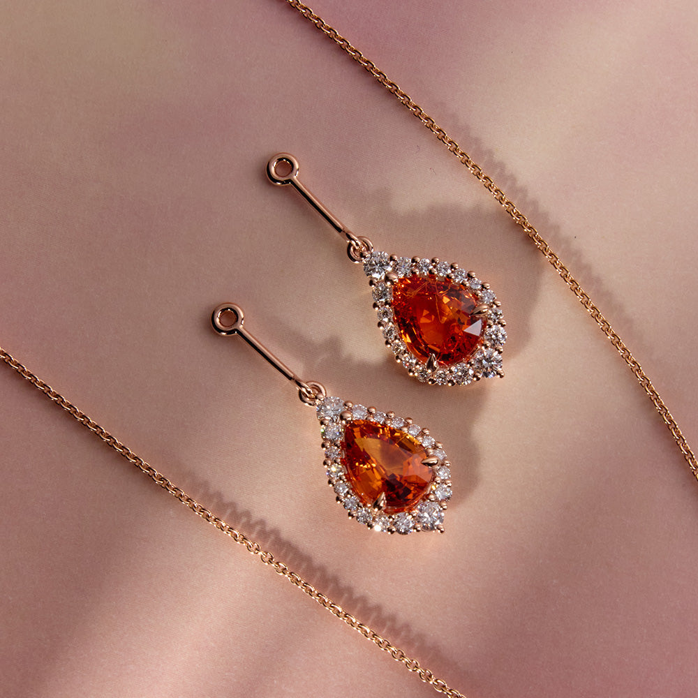 Orange sapphire diamond enhancer earrings 18k rose gold pear cut sapphire halo jacket earrings versatile stud enhancers elegant fine jewellery