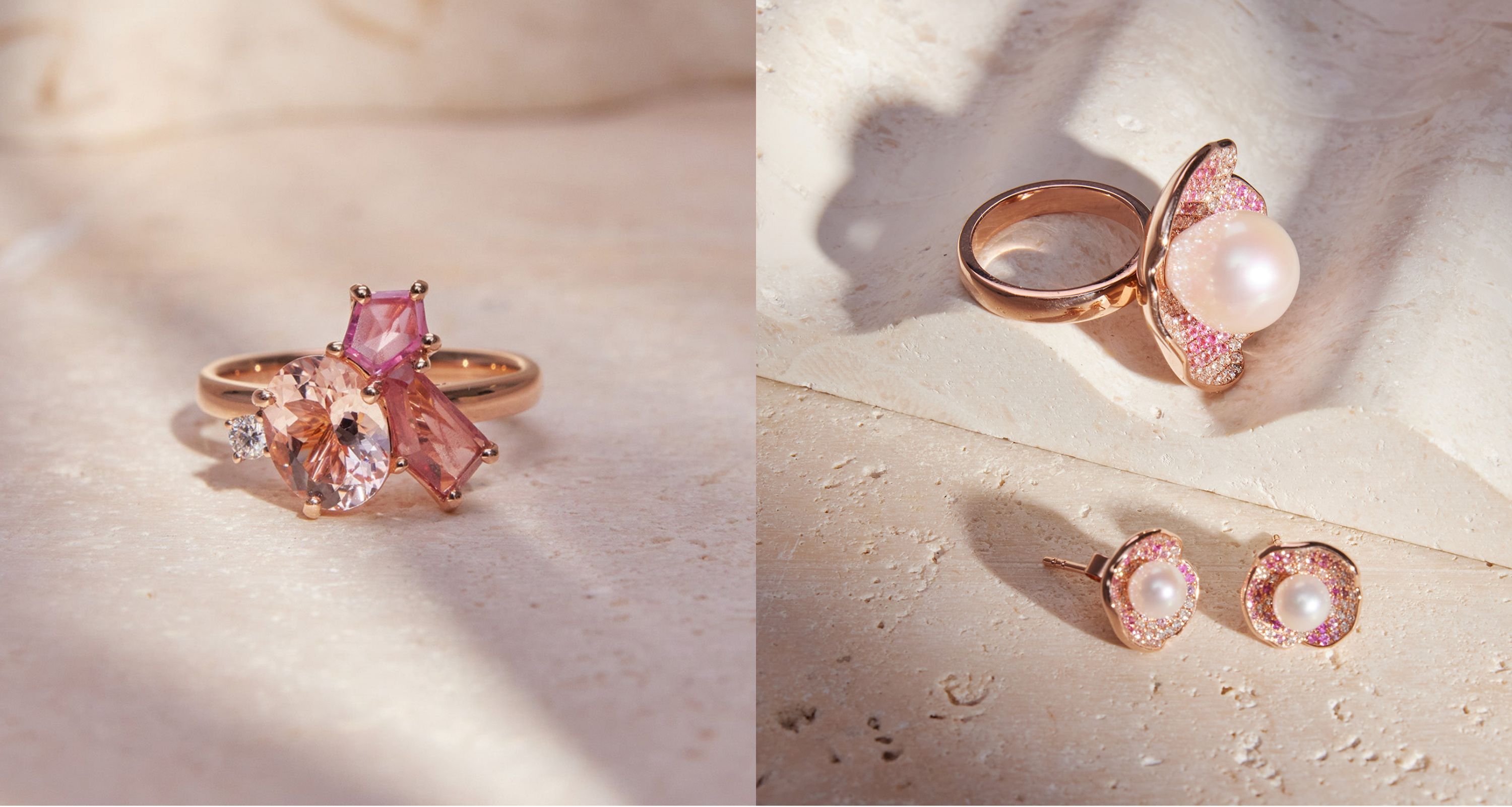 Set of pink gemstone jewelry including a ring and earrings on a textured surface.