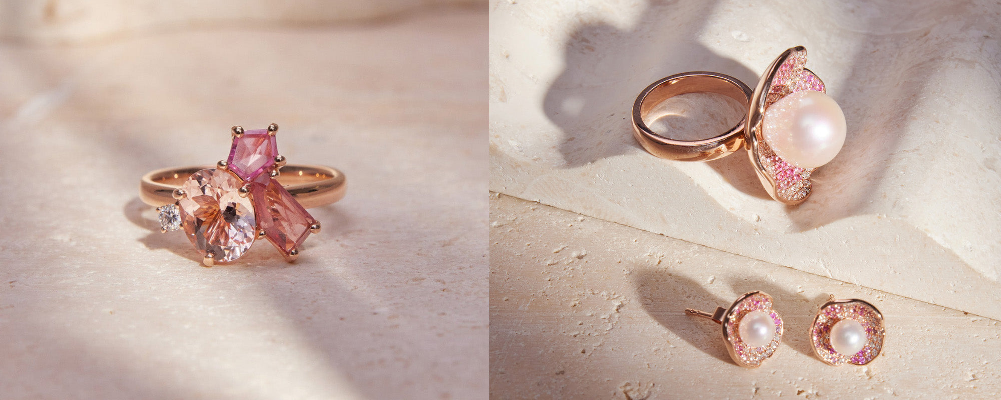 Set of pink and rose gold jewellery with pearls and diamonds on a travertine background