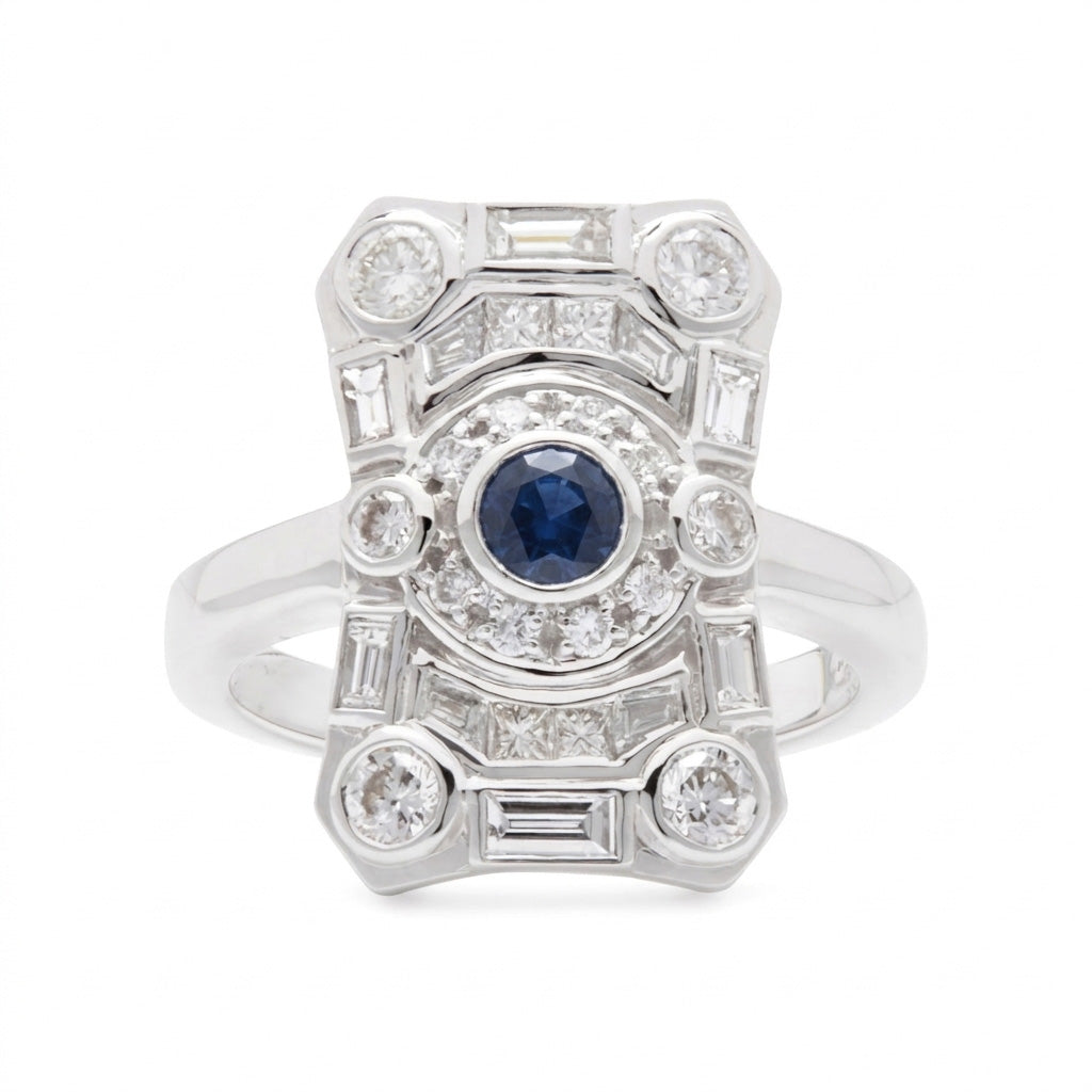 Deco diamond ring Art Deco inspired 18k white gold, 1.50ct sapphire and mixed cut diamonds geometric vintage style low profile ring