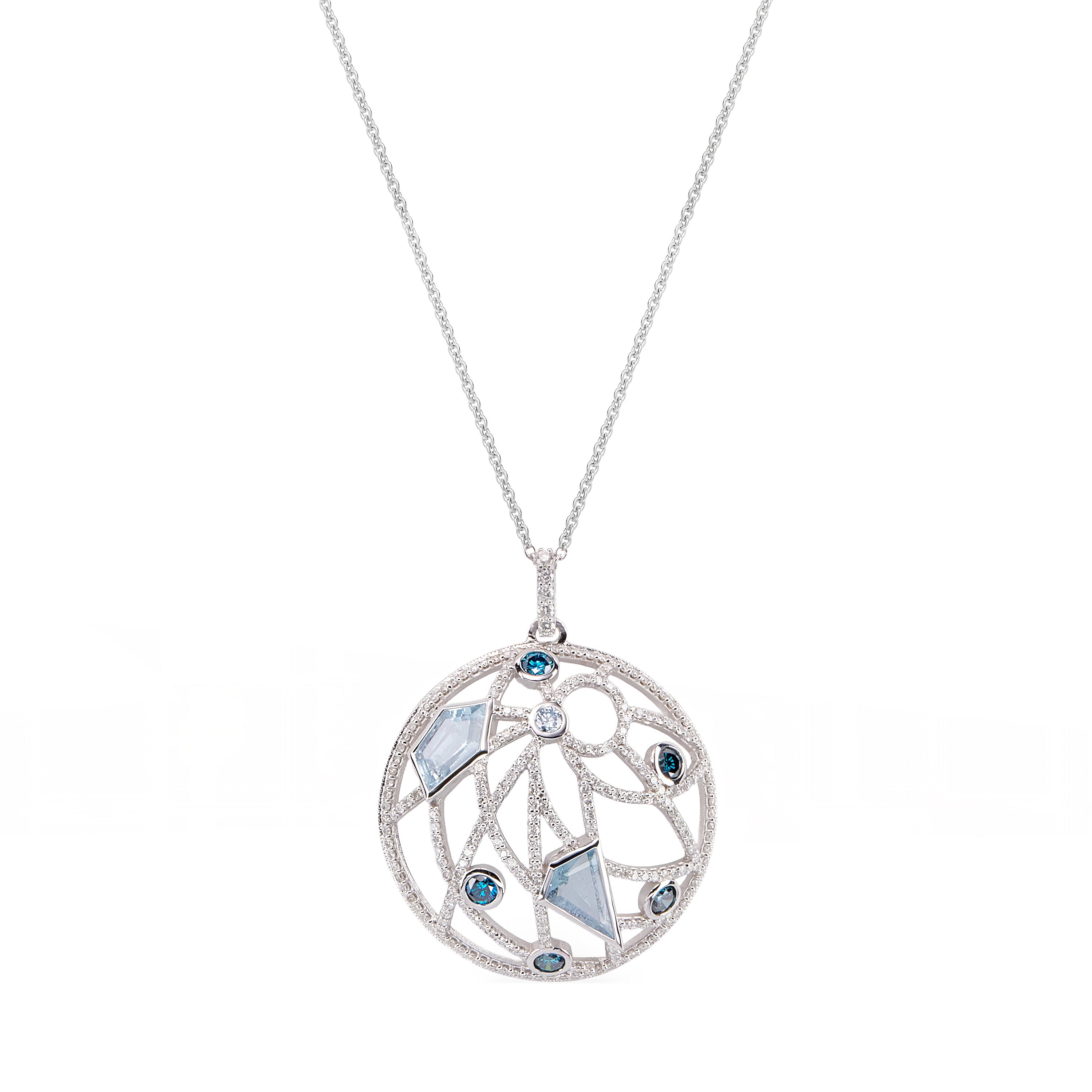 Custom Dome shape Pendant Necklace in 18k white gold with aquamarines, blue sapphires, and pavé diamonds