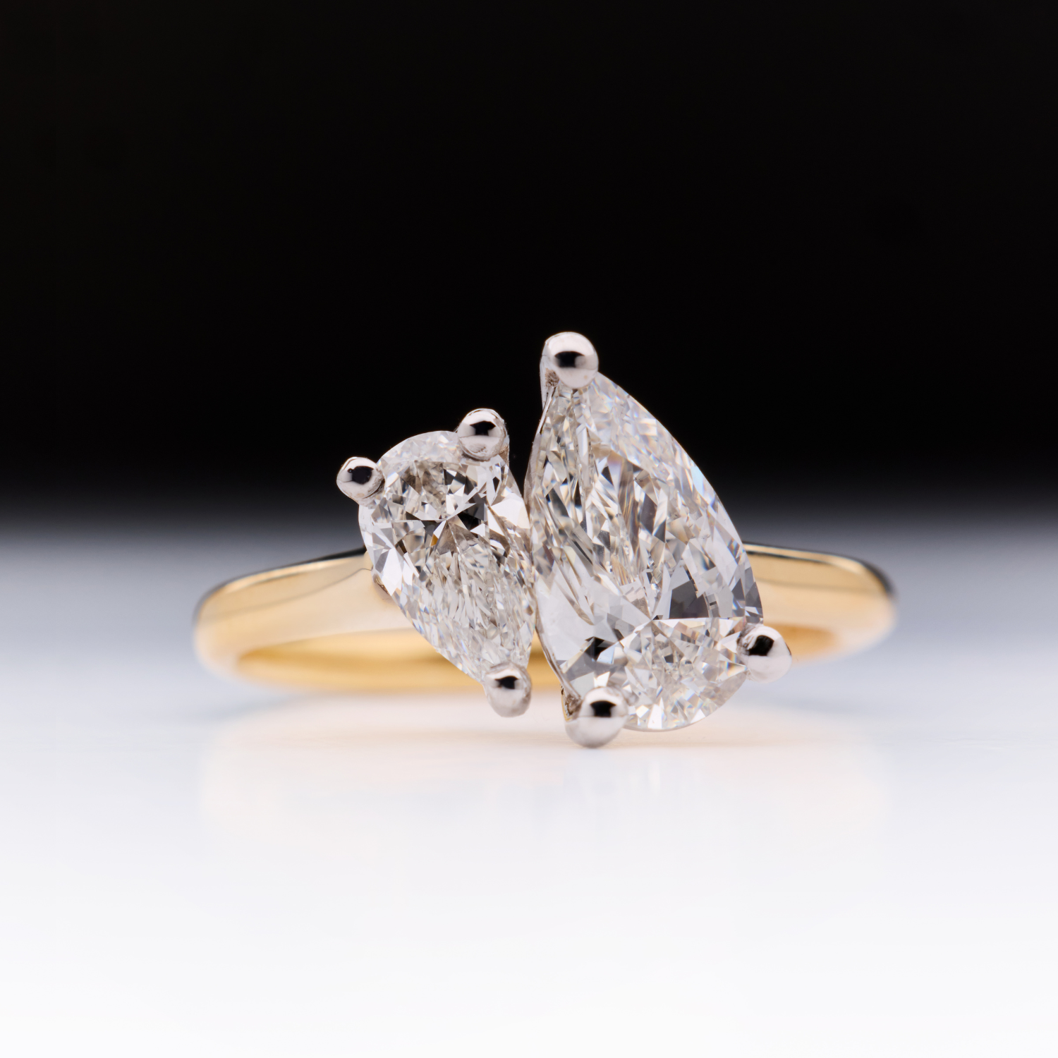 Faith Jewels bespoke ring featuring a pear-cut diamond paired with a pear-cut diamond in a Toi Et Moi design.