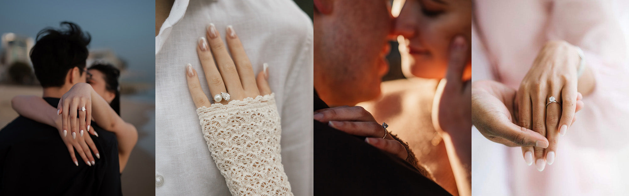 Collage of a couple embracing, close-up of hands with engagement rings, and a ring on a finger.