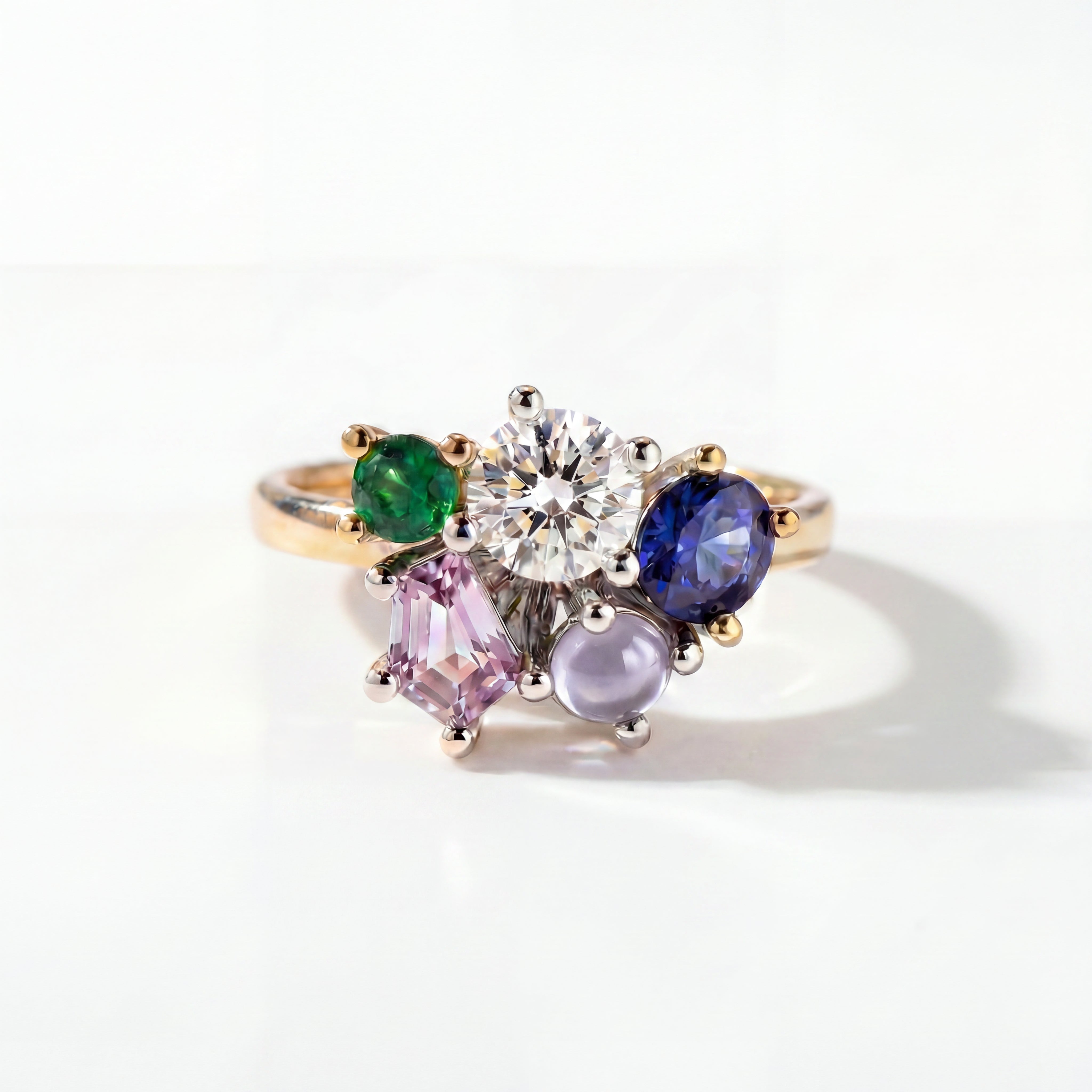 birthstone bouquet ring 18k yellow gold heirloom diamond sapphire spinel family motherhood cluster ring elegant design