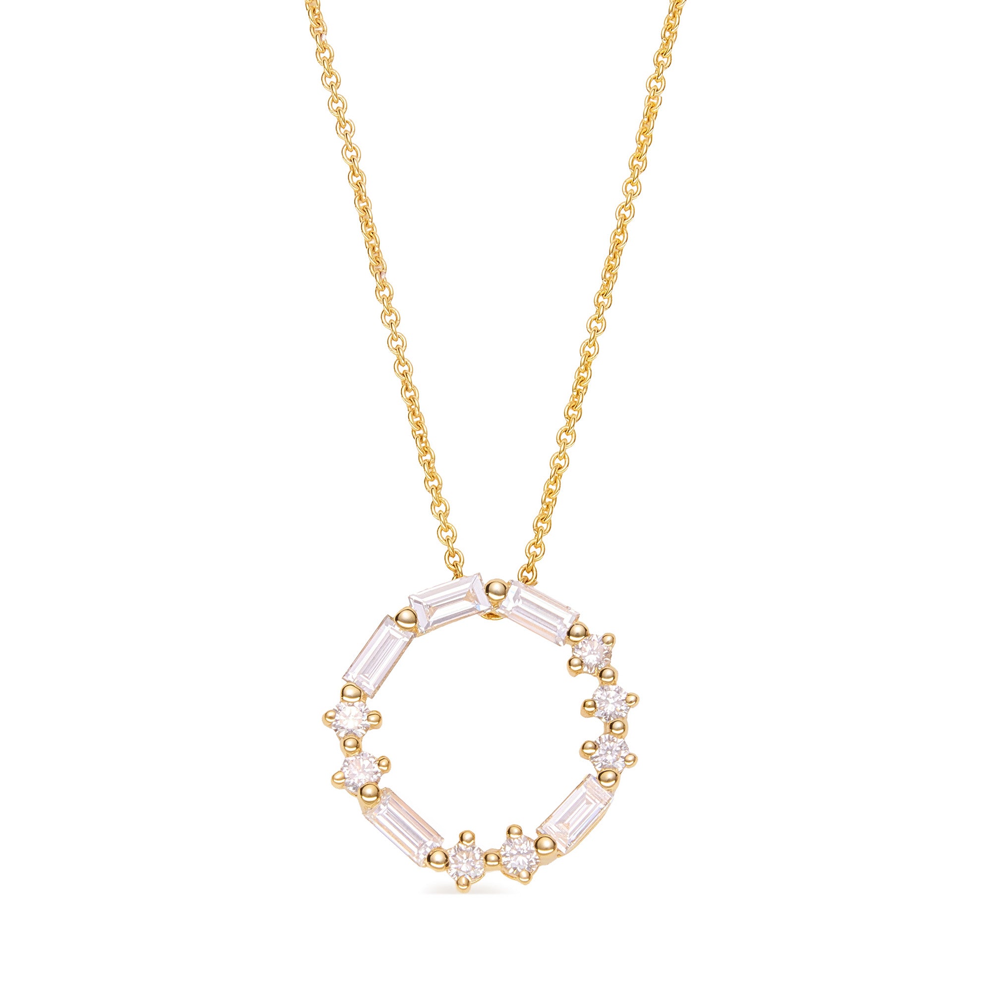 FJ 18k Yellow gold circle pendant with round and baguette diamonds spelling “LOVE” in Morse code.