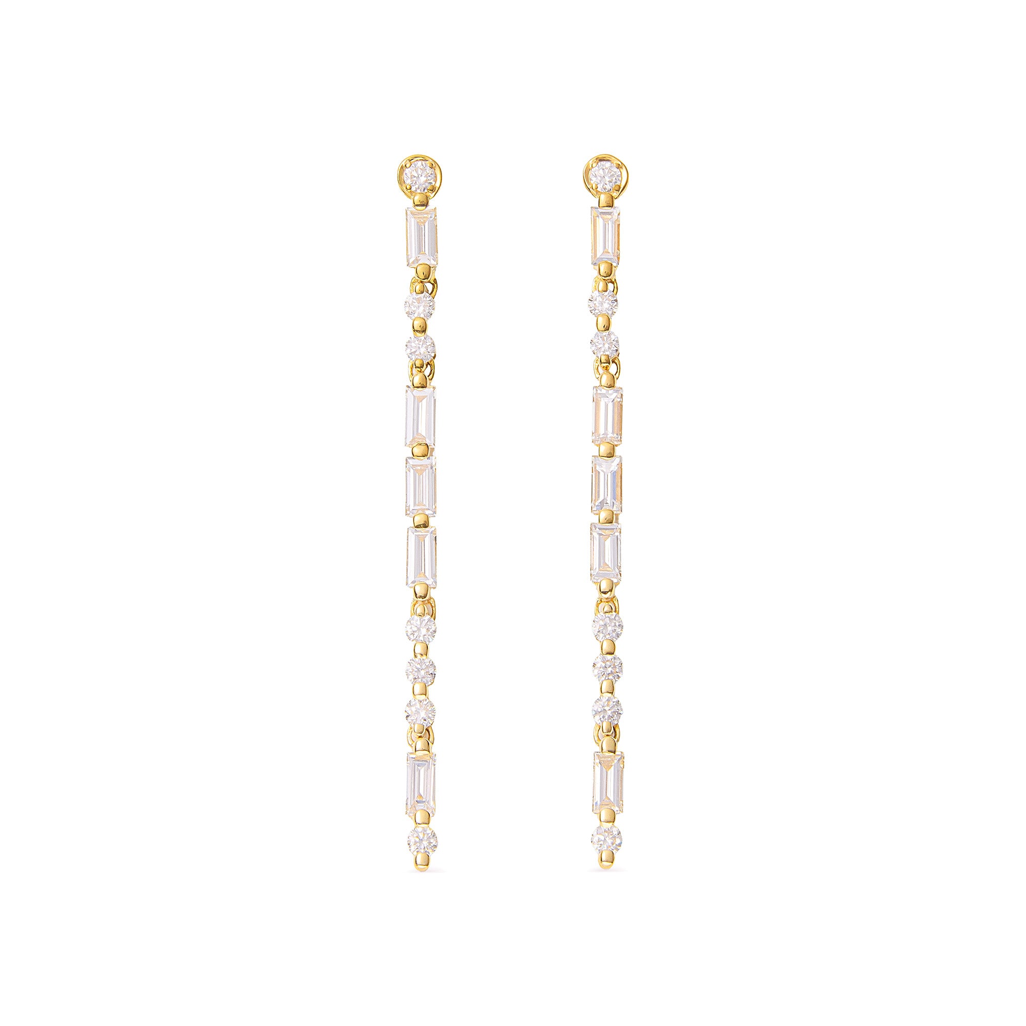 Faith Jewels Yellow gold drop earrings with round and baguette diamonds spelling “LOVE” in Morse code.