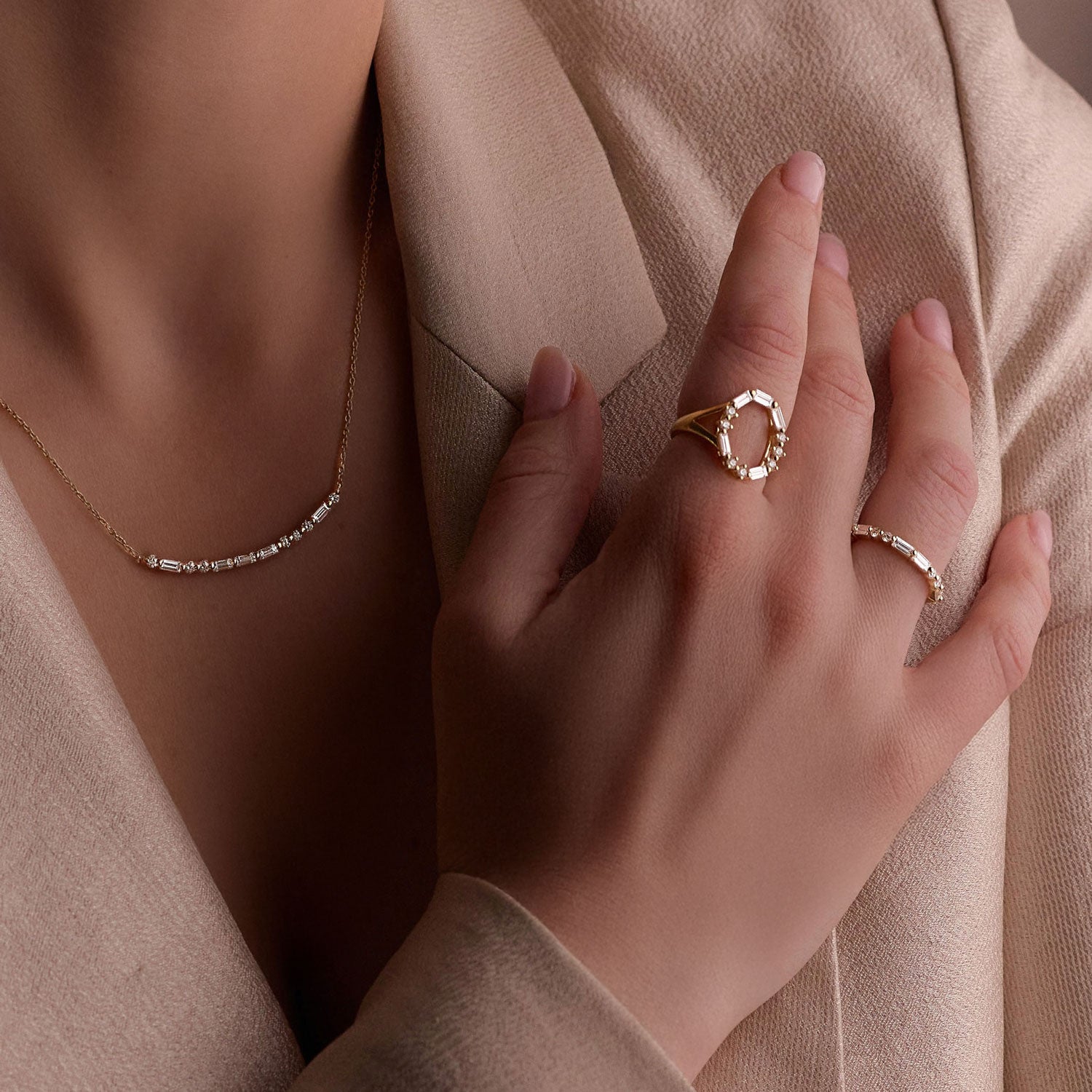 Faith Jewels 18k Yellow gold bar necklace with round and baguette diamonds spelling “LOVE” in Morse code.