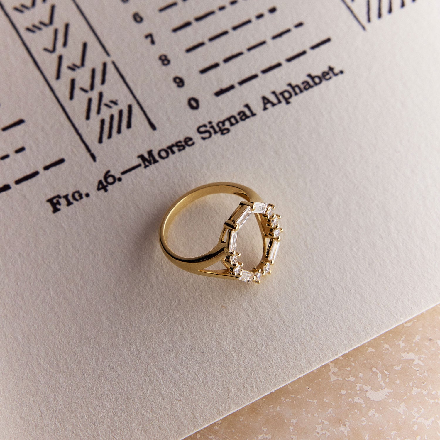 Faith Jewels 18k Yellow gold oval ring with round and baguette diamonds spelling “LOVE” in Morse code