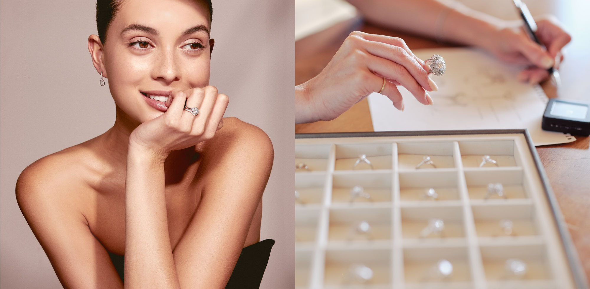 Banner with model wearing Faith Jewels earrings and diamond rings next to a display box with a large choice of diamond engagement rings