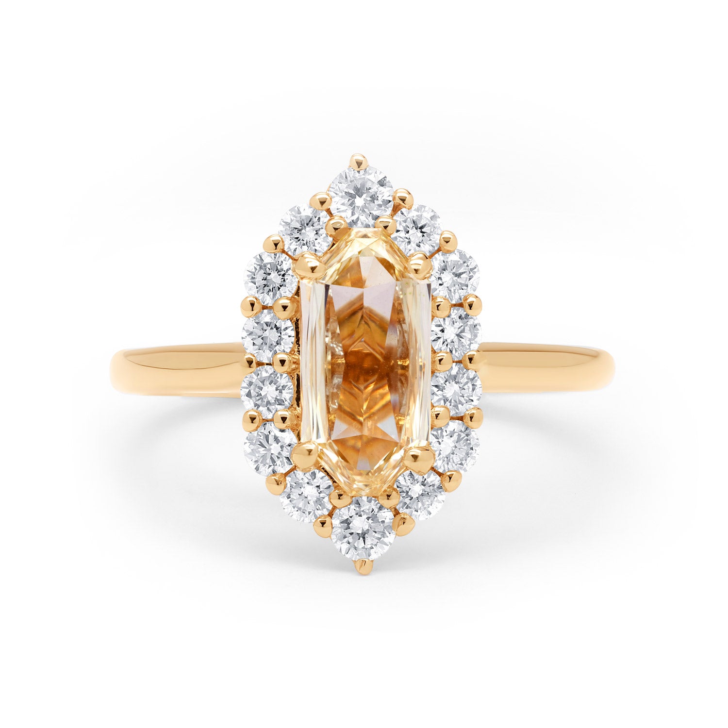 Faith Jewels Adeline ring featuring a portrait-cut champagne diamond with a halo of white diamonds, set in 18k yellow gold