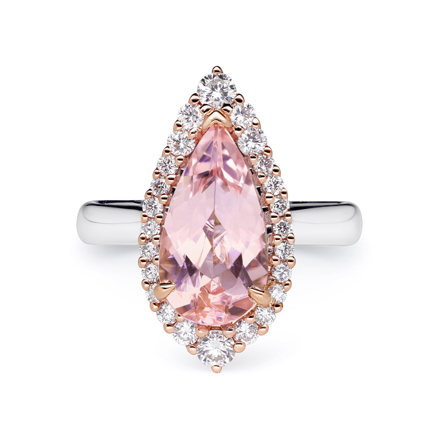 One of a Kind Adeline Morganite Engagement Ring featuring pear-cut pink morganite, round diamond halo, set in 18k rose and white gold.
