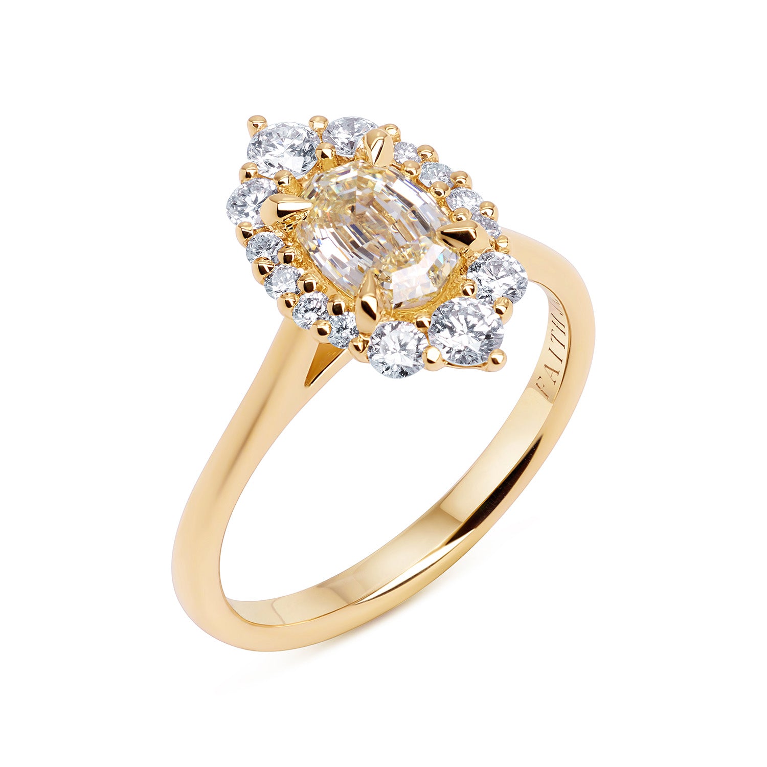 Faith Jewels Adeline Oval Diamond ring featuring a 0.71ct oval step-cut diamond framed by a halo of 14 brilliant-cut diamonds, set in 18k yellow gold