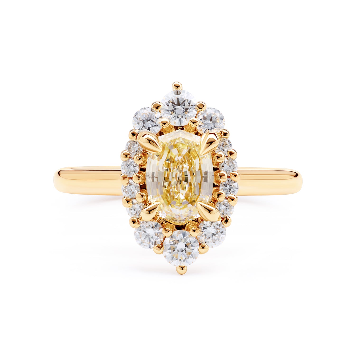 Faith Jewels Adeline Oval Diamond ring featuring a 0.71ct oval step-cut diamond framed by a halo of 14 brilliant-cut diamonds, set in 18k yellow gold