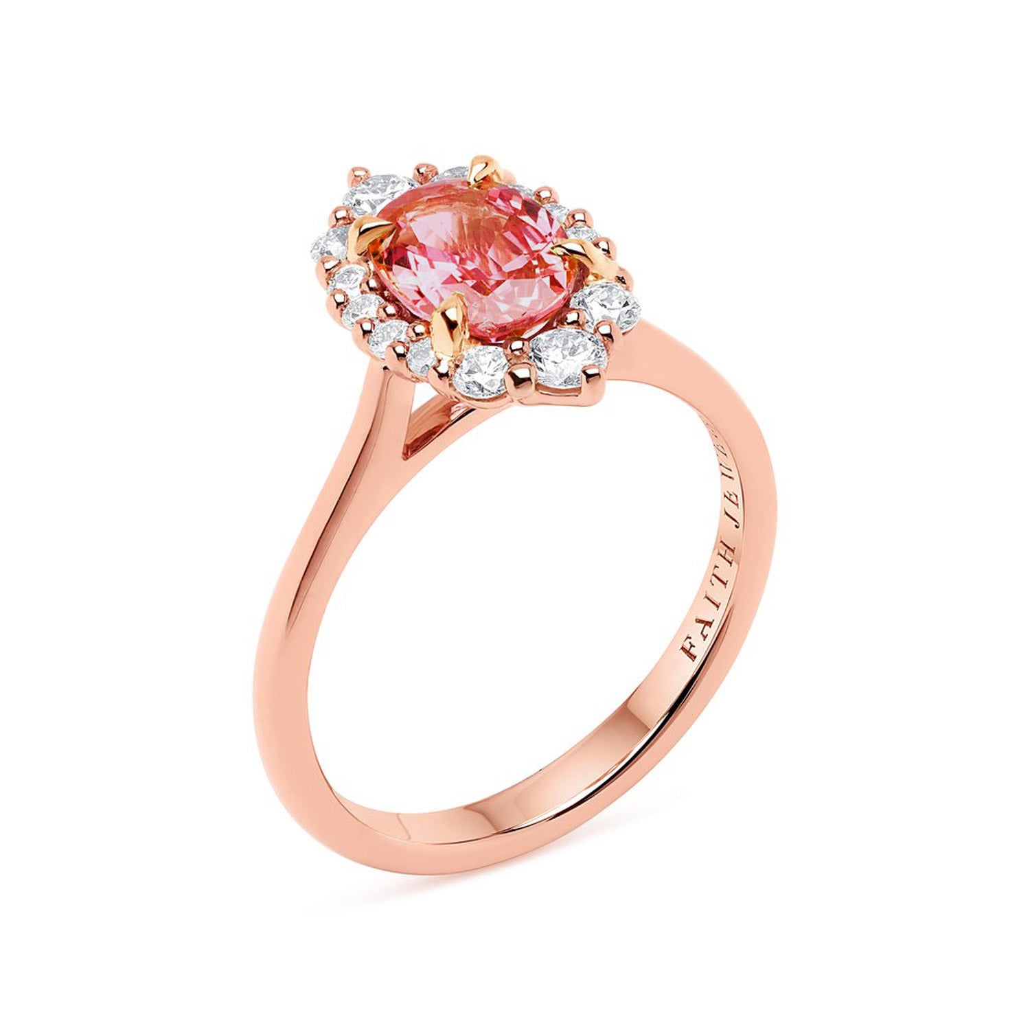Unique Oval Padparadscha sapphire ring with round diamond halo, 18k rose gold setting.