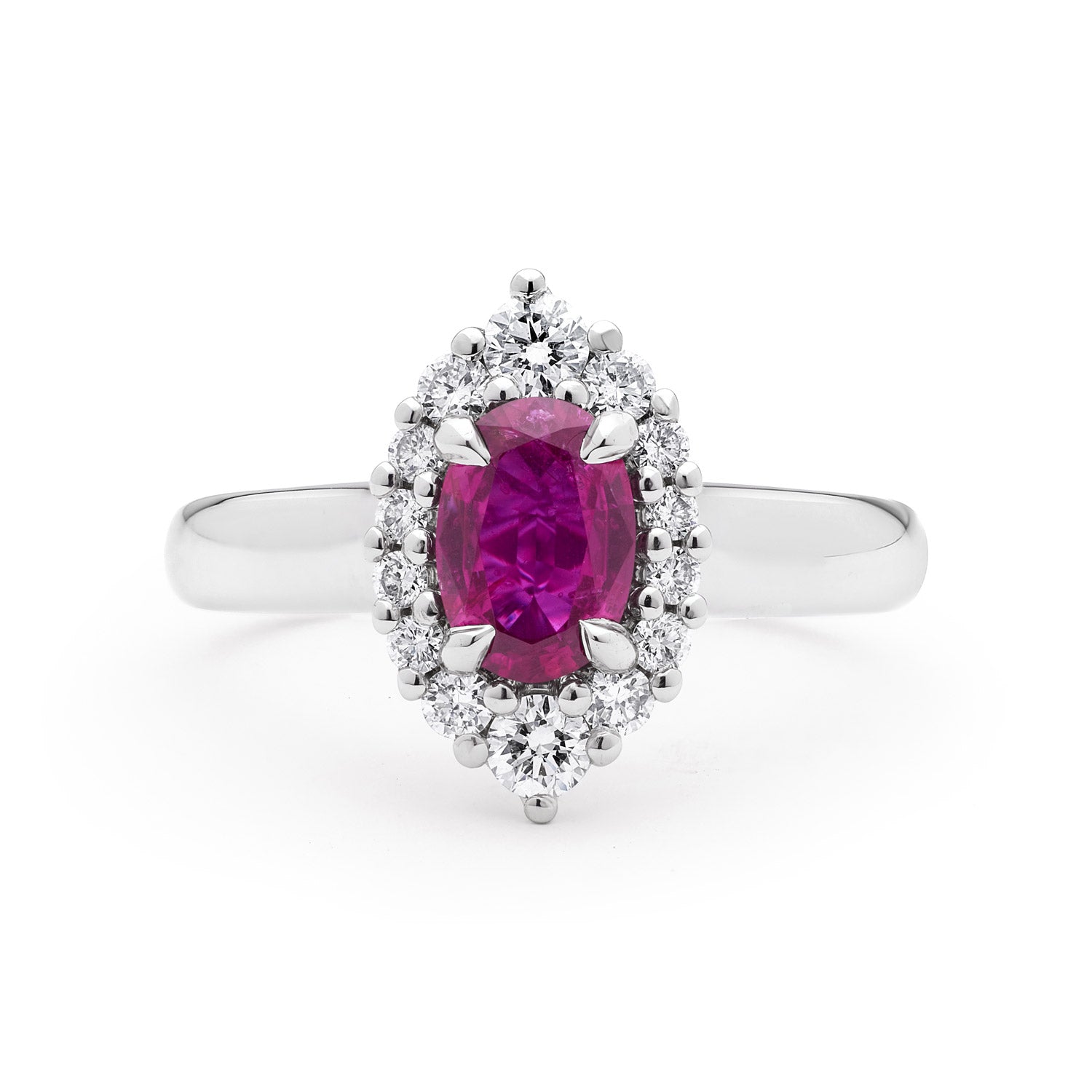 Faith Jewels Adeline ruby and diamond ring featuring an oval-cut ruby surrounded by a halo of white diamonds, set in 18k white gold