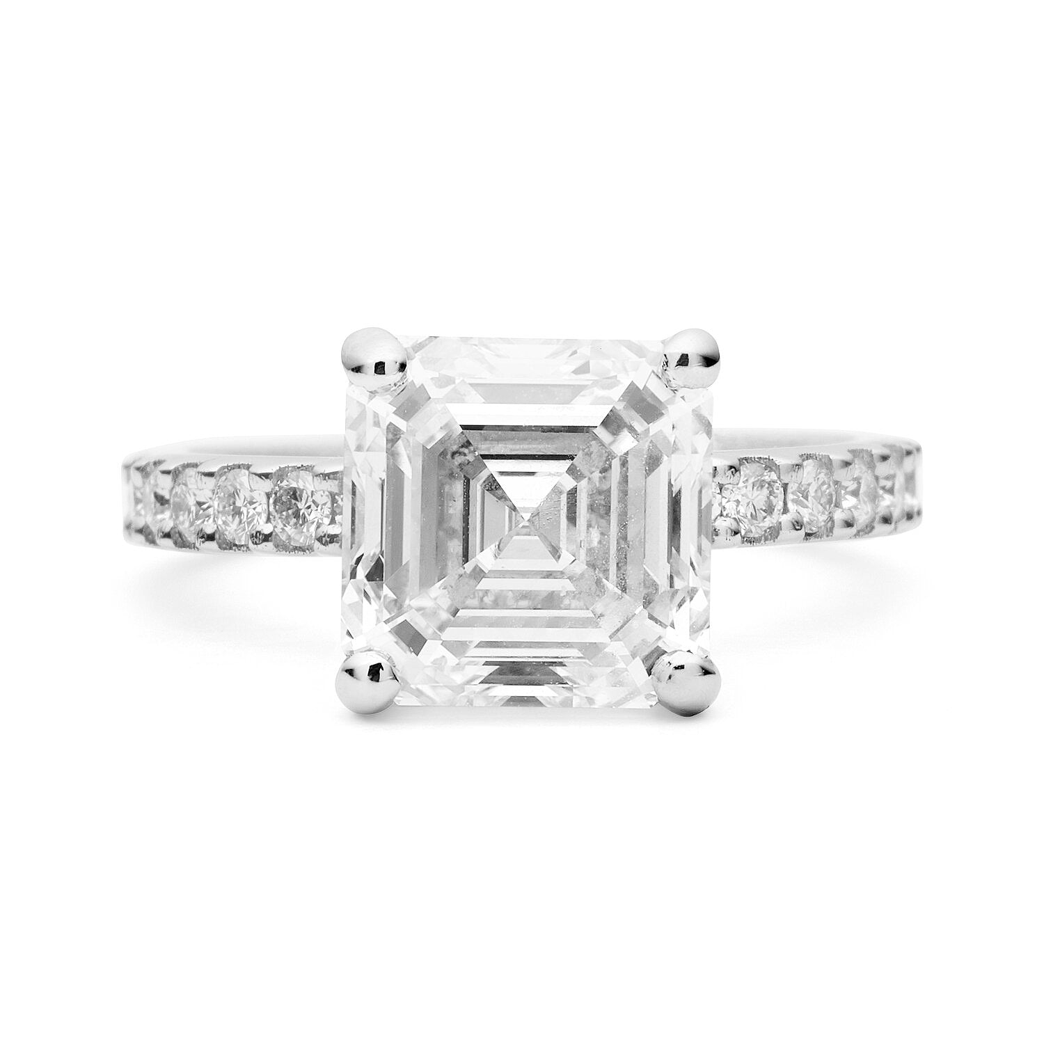 Faith Jewels Angela diamond engagement ring with an Asscher-cut diamond in a 4-claw raised setting, pavé diamond band, and hidden halo