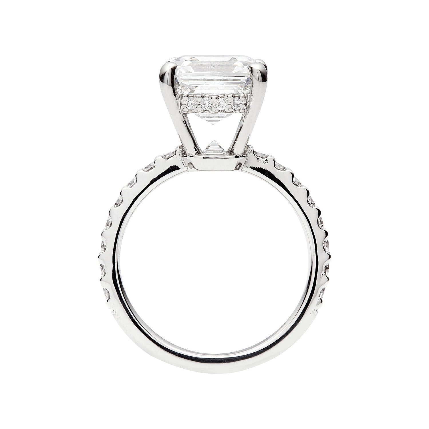 Faith Jewels Angela diamond engagement ring with an Asscher-cut diamond in a 4-claw raised setting, pavé diamond band, and hidden halo