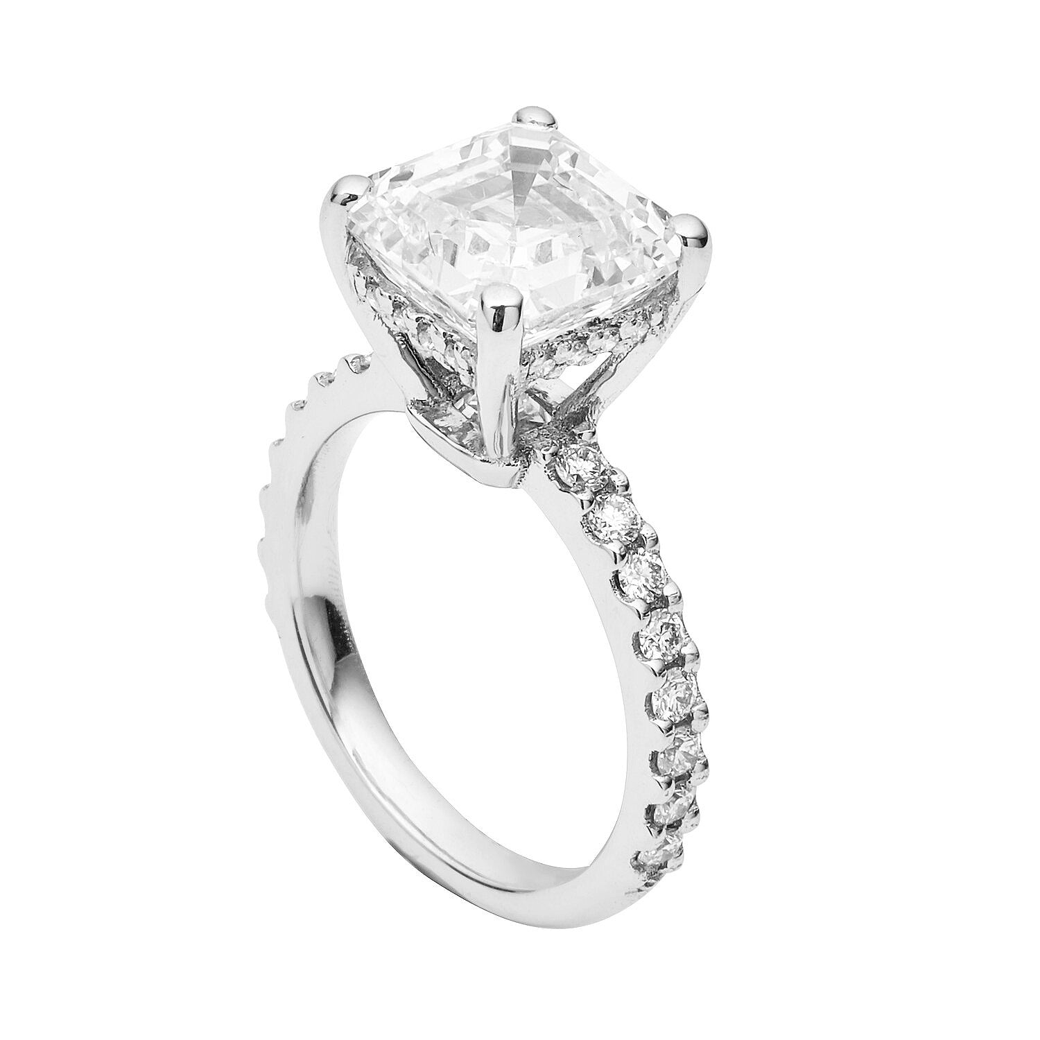 Faith Jewels Angela diamond engagement ring with an Asscher-cut diamond in a 4-claw raised setting, pavé diamond band, and hidden halo