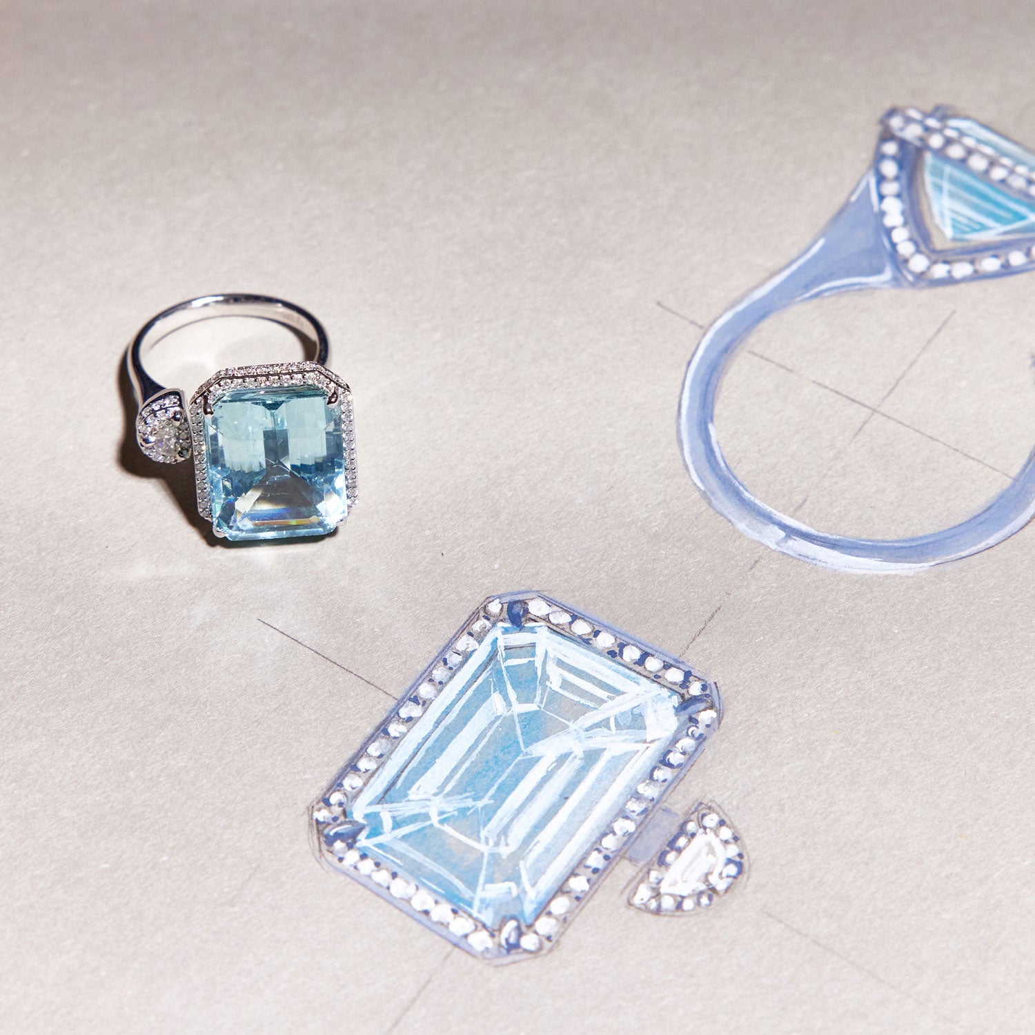 Faith Jewels Toi et Moi ring featuring a 15ct emerald-cut aquamarine and a half-moon white diamond, accented with pavé diamonds