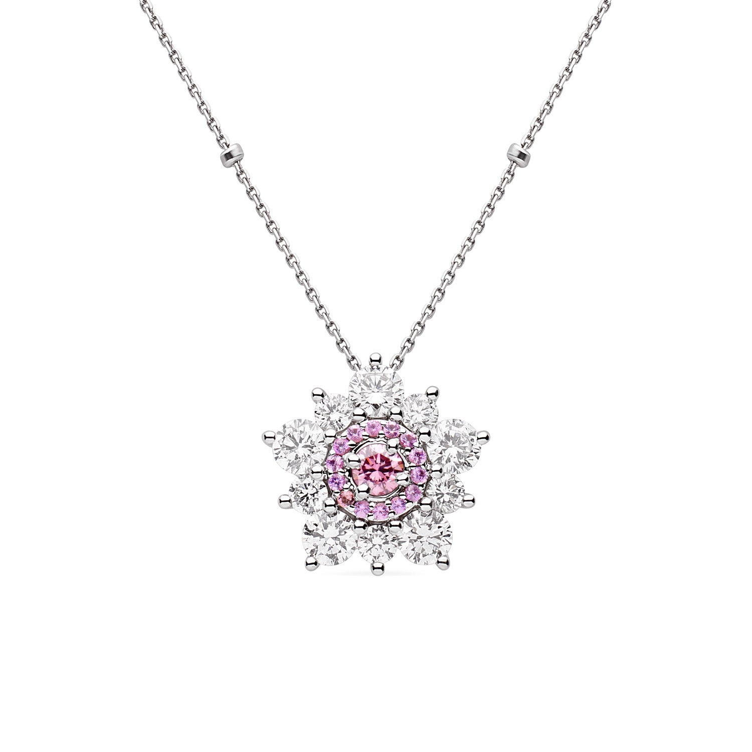Faith Jewels Snowflake pendant featuring a rare Argyle pink diamond at the center, surrounded by pink sapphires and white diamonds on an 18k white gold chain
