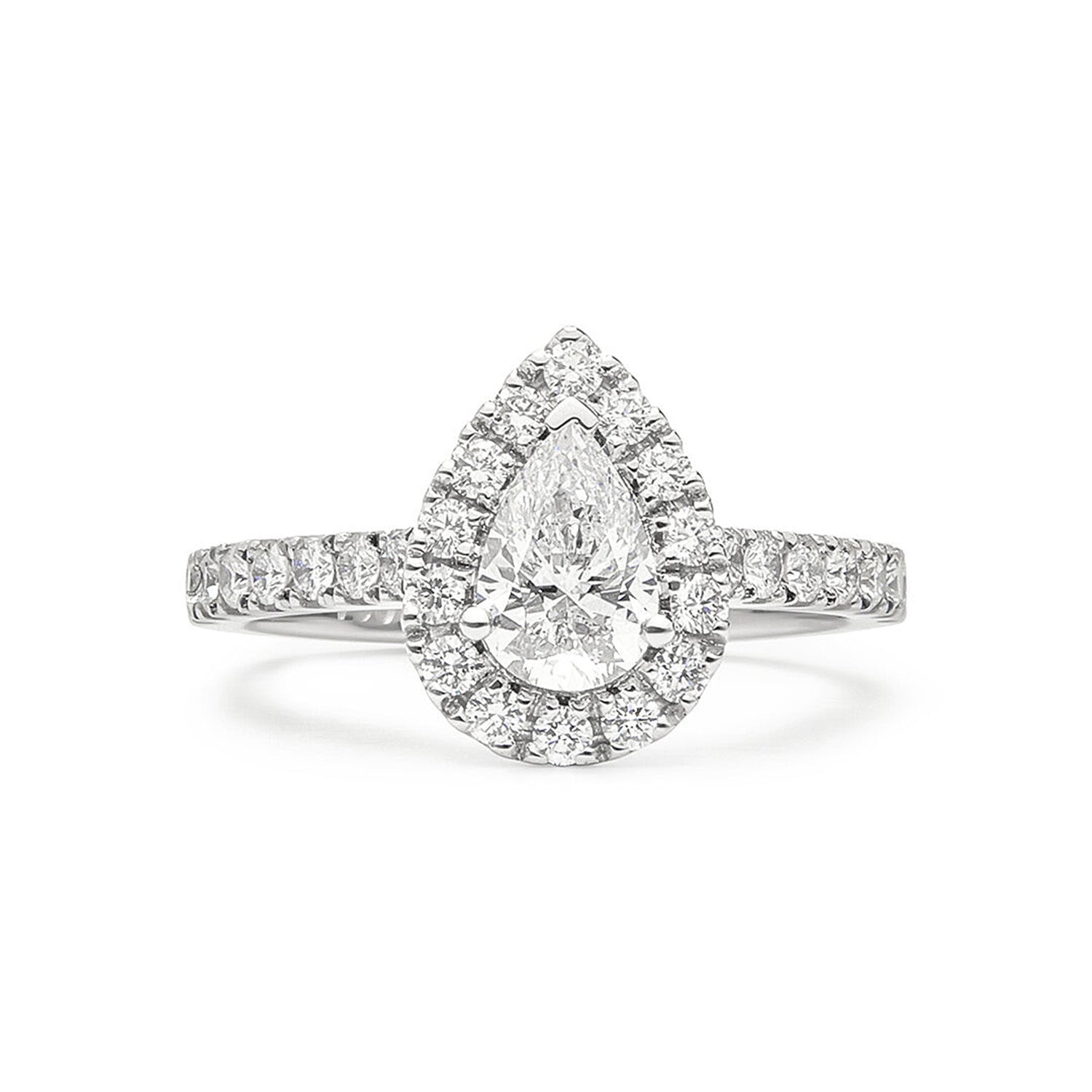 Faith Jewels Aura diamond engagement ring with a halo of diamonds and a half pavé-set diamond band