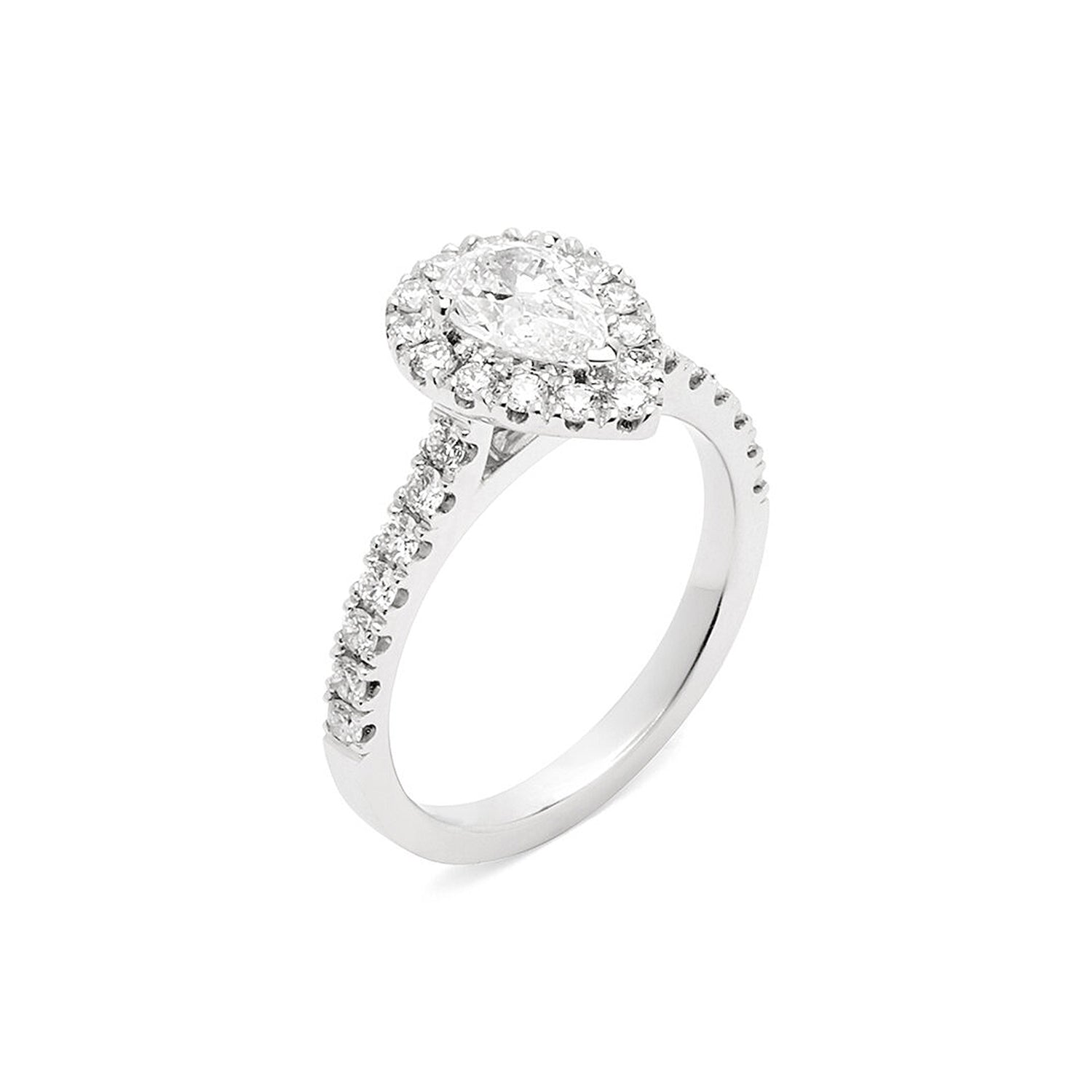 Faith Jewels Aura diamond engagement ring with a halo of diamonds and a half pavé-set diamond band