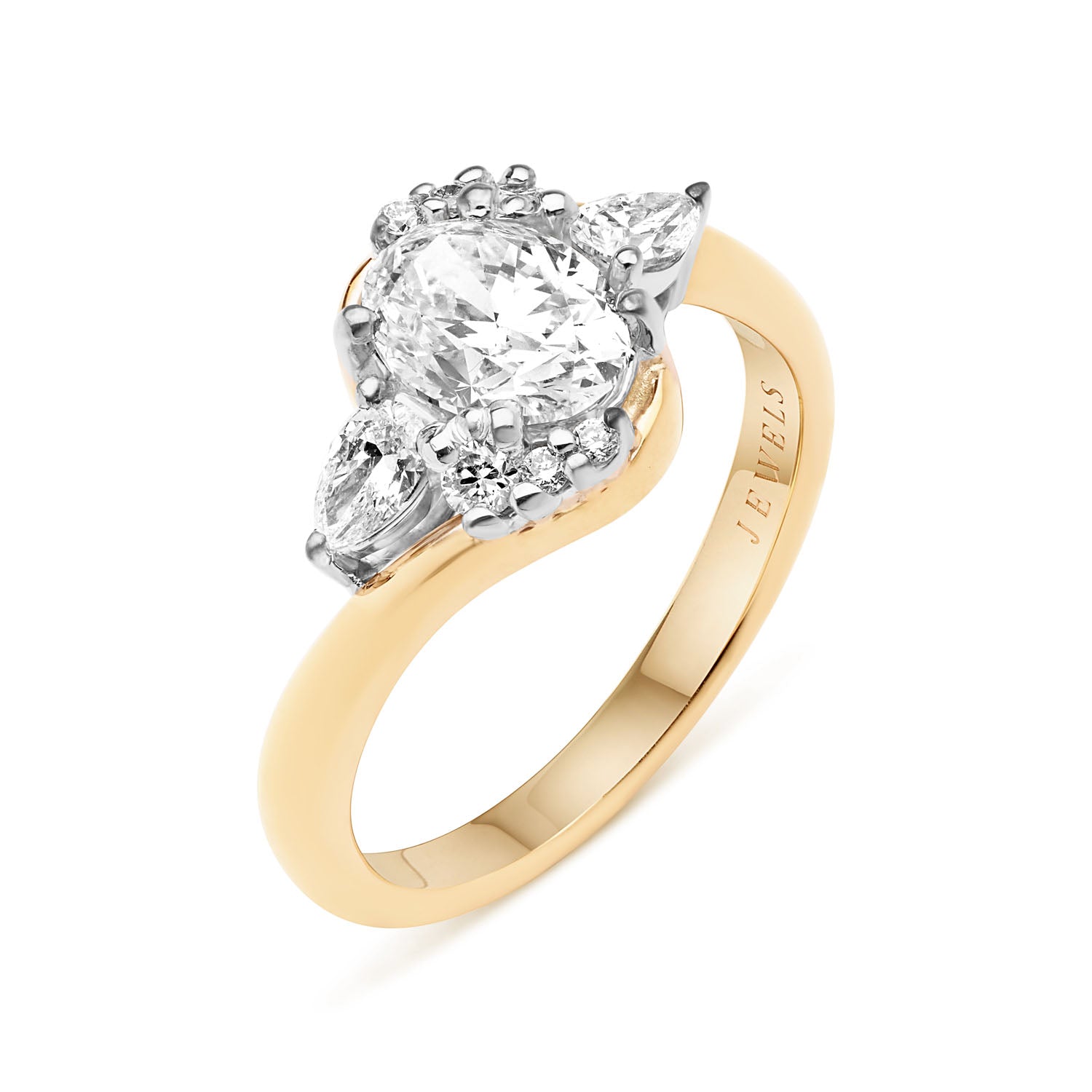 Faith Jewels Boomerang diamond engagement ring featuring an oval-cut diamond surrounded by floating pear-cut diamonds and brilliant-cut diamonds, set in an 18k yellow gold band