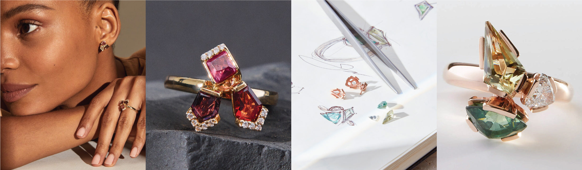 Banner with 4 images, showing coloured gemstones rings and earrings from the Bouquet collection from different views 
