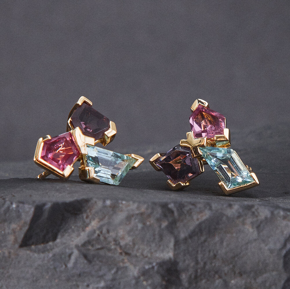 Faith Jewels Bouquet Studs featuring aquamarine, blush pink spinels, and lavender spinels in a floral-inspired design set in 9k yellow gold