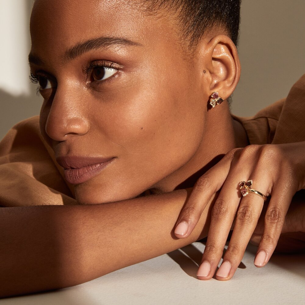 Bouquet Ring and Earrings in yellow gold with colourful gemstones - pink, red, and lavender spinels with white diamond accents