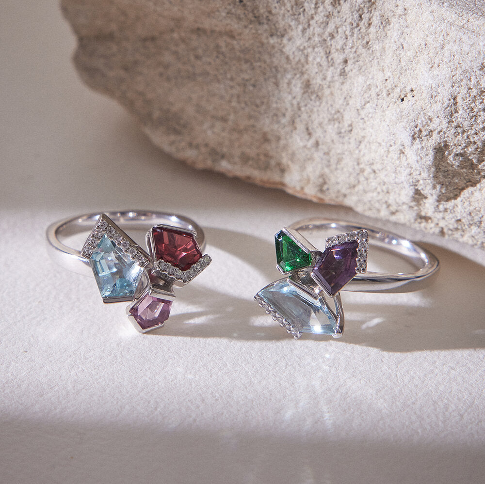 Bold Bouquet Ring featuring colourful gemstones - in 9k white gold with diamond highlights