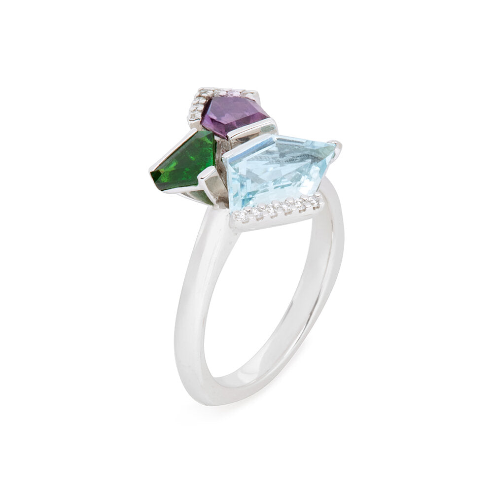 Bold Bouquet Ring featuring colourful gemstones - green tsavorite, lavender spinel, aquamarine - in 9k white gold with diamond highlights