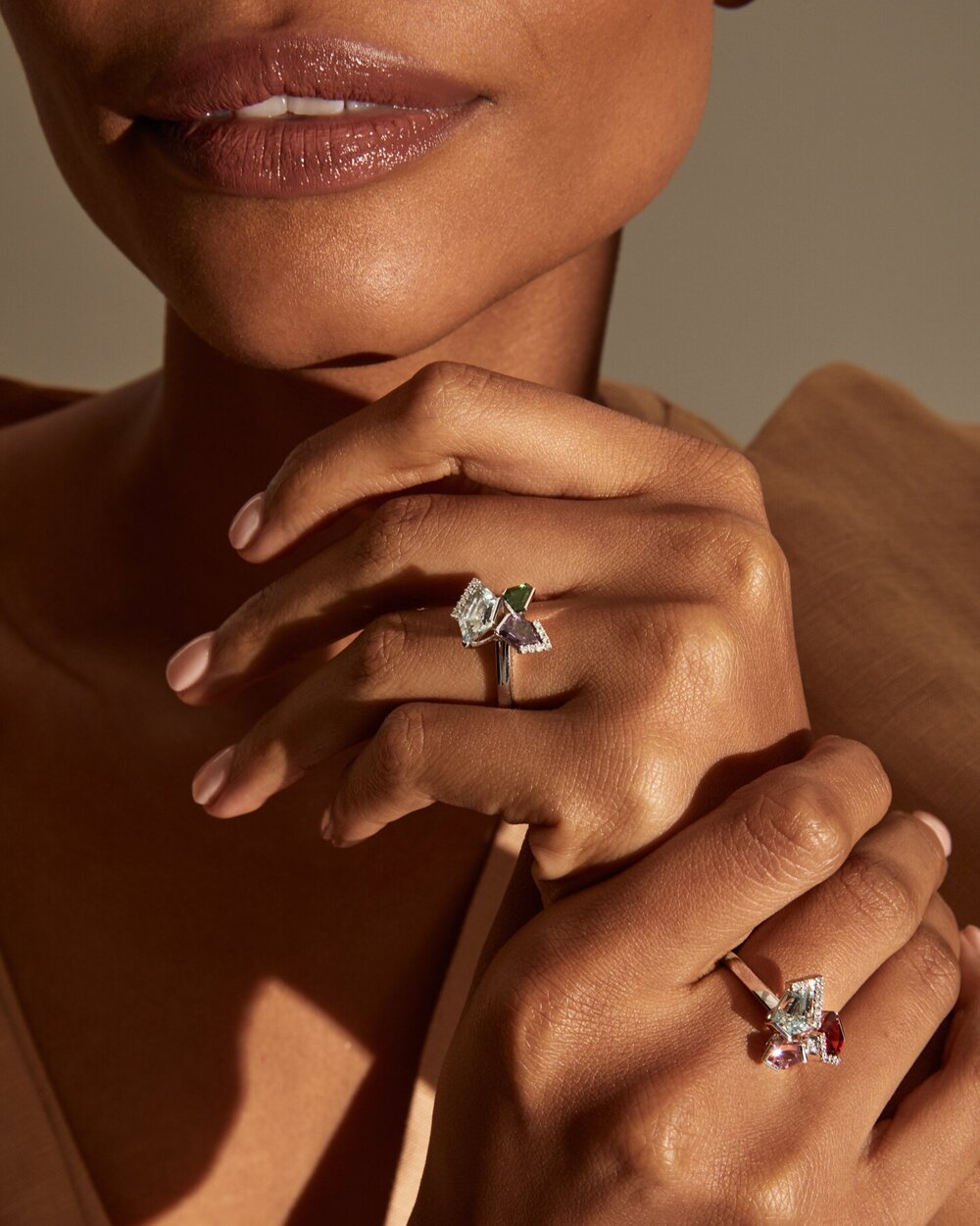 Bold Bouquet Ring featuring colourful gemstones - in 9k white gold with diamond highlights