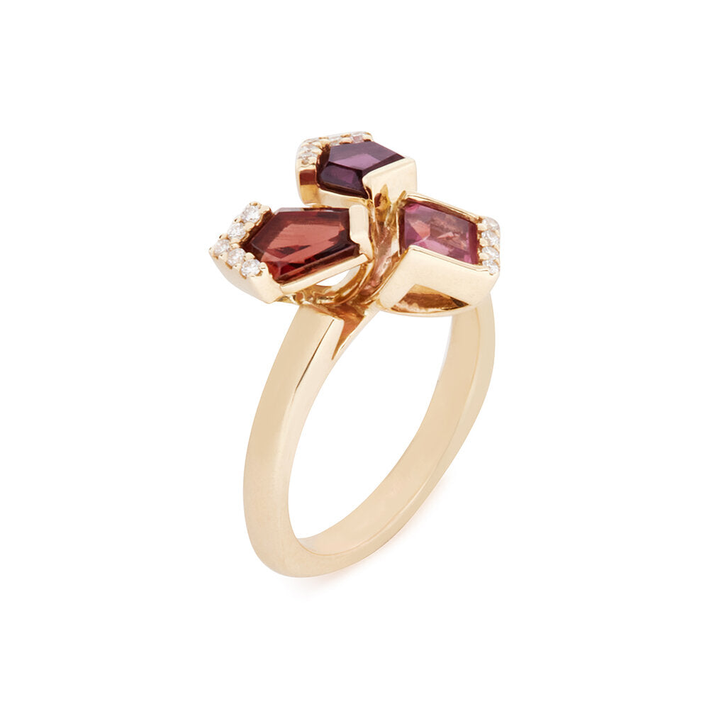 Bouquet Ring in yellow gold with colourful gemstones - pink, red, and lavender spinels with white diamond accents
