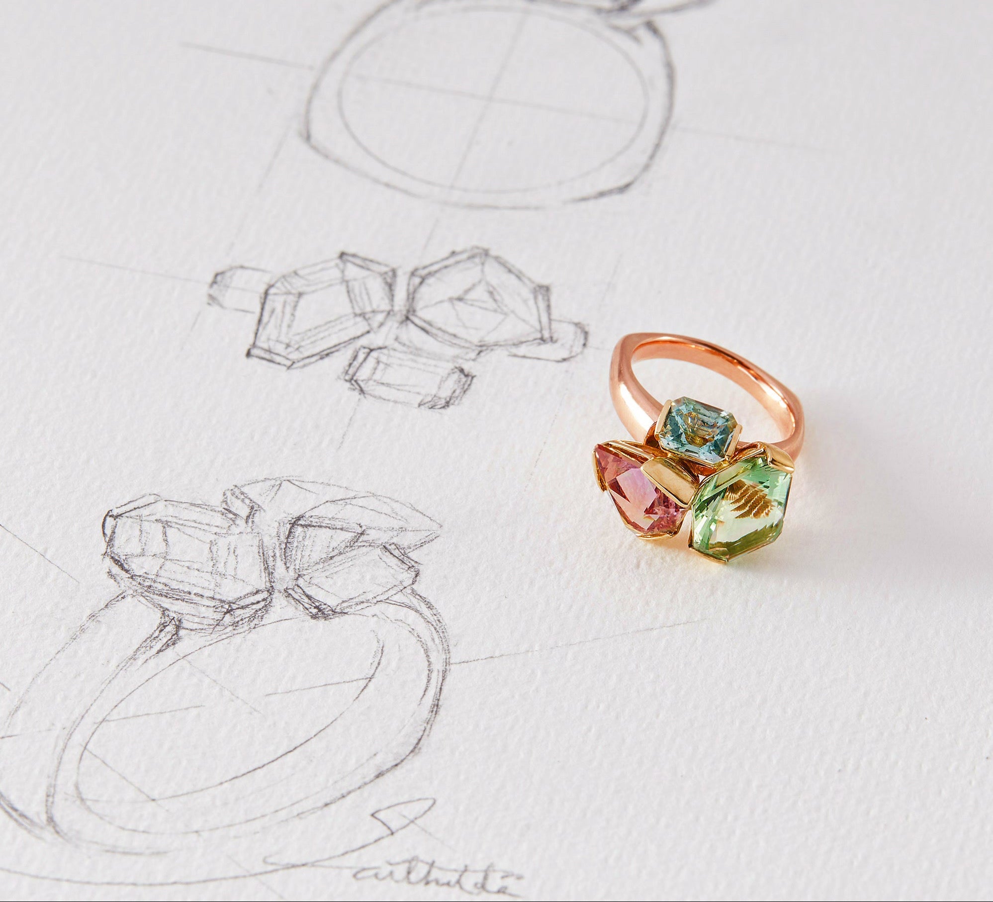 Faith Jewels Bouquet Series ring — rose gold cocktail ring with aquamarine, pink tourmaline and green tourmaline cluster, shown with original hand-drawn design sketches