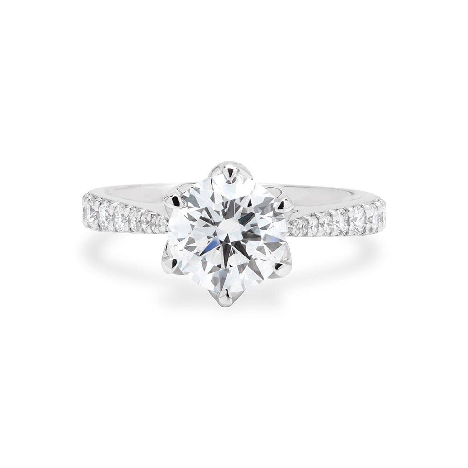 Faith Jewels Clarissa white gold engagement ring featuring a round brilliant center diamond with pavé-set side stones and a six-prong setting