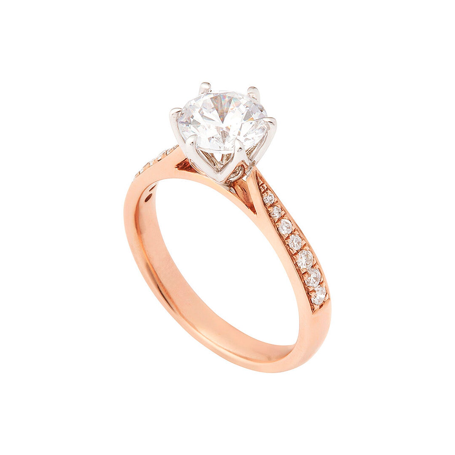 Faith Jewels Clarissa rose gold engagement ring featuring a round brilliant center diamond with pavé-set side stones and a six-prong setting