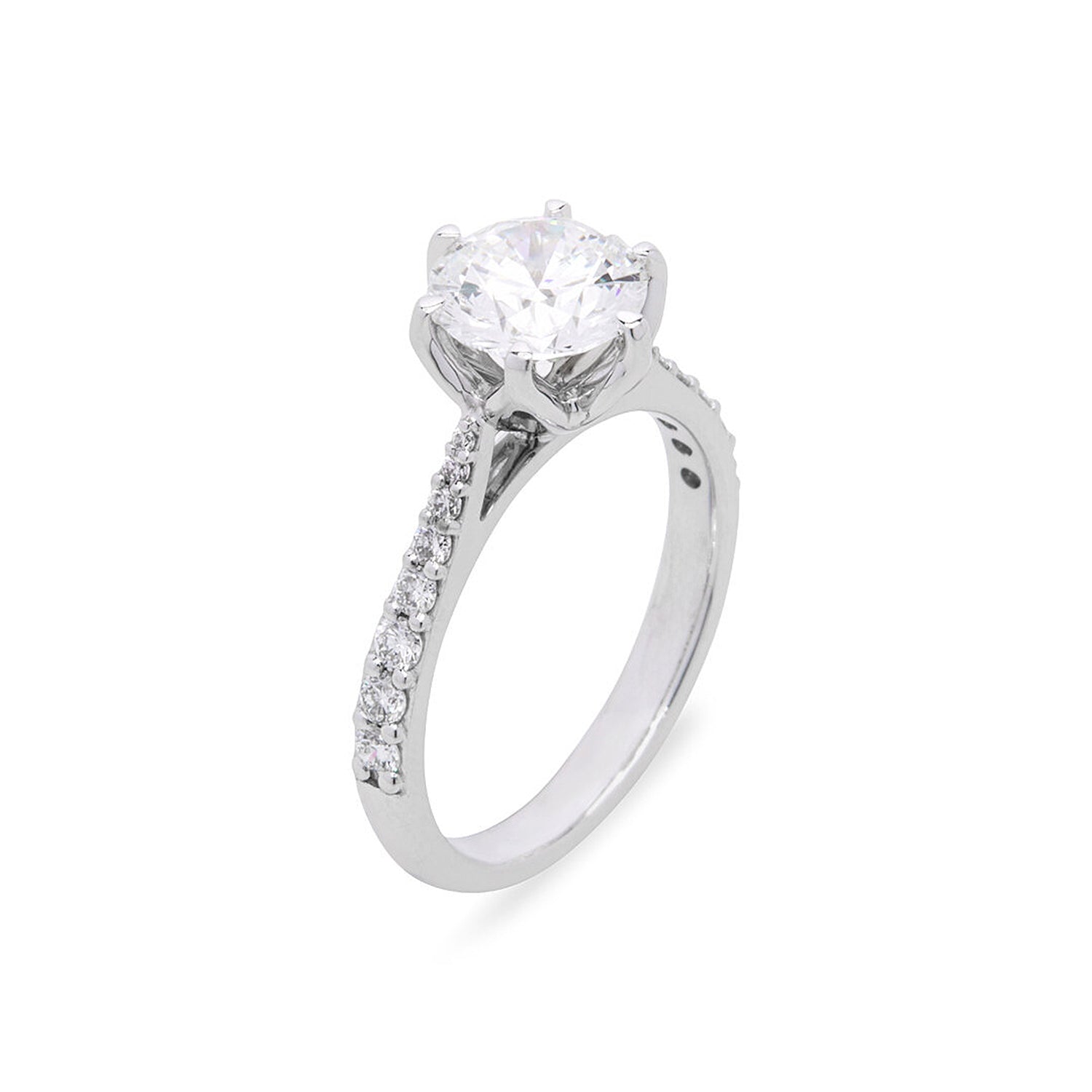 Faith Jewels Clarissa white gold engagement ring featuring a round brilliant center diamond with pavé-set side stones and a six-prong setting