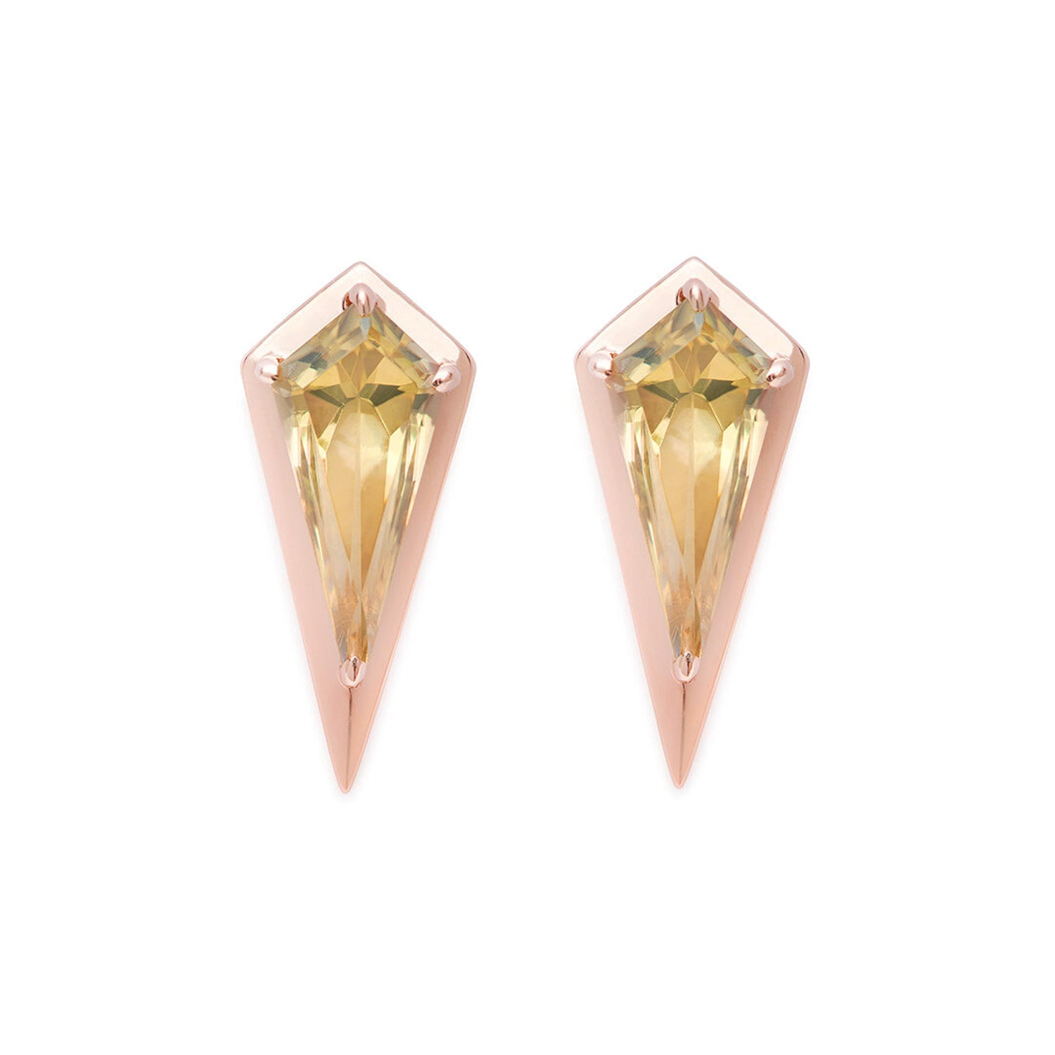 Rare kite-cut Turkish Csarite stud earrings in 9k rose gold, featuring natural color-change from green-gold to pinkish-purple