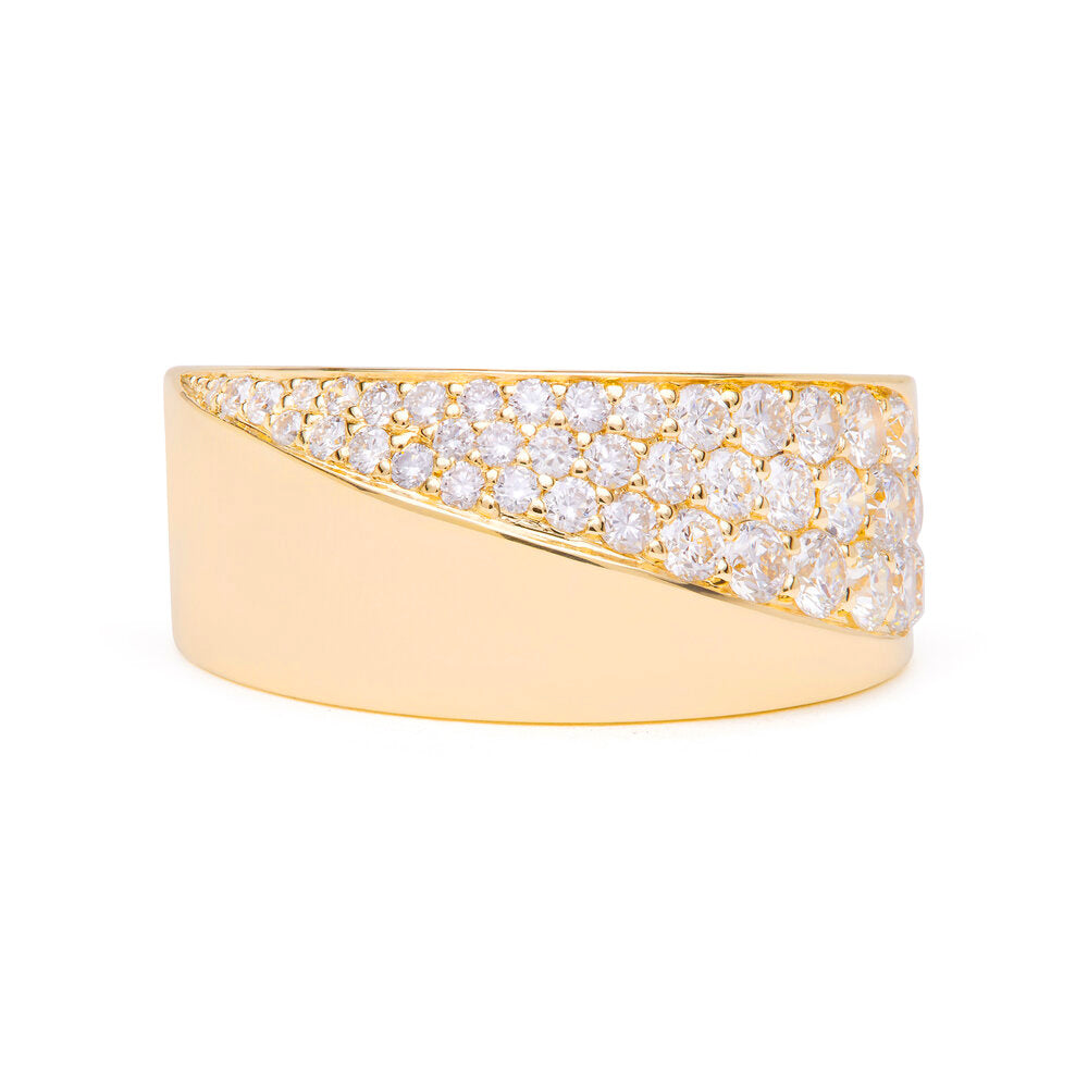 Faith Jewels Faros Wide Diamond Ring in 9k yellow gold featuring a Möbius-inspired curved design with high polish and pavé-set white diamonds totaling 1.10 carats