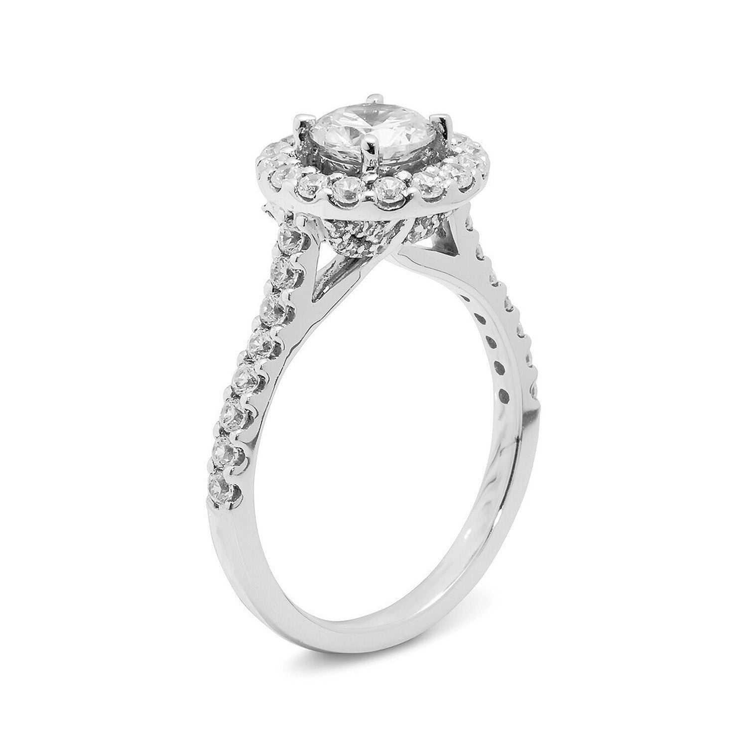 Faith Jewels Florence diamond engagement ring with a round-cut diamond surrounded by a halo of white diamonds and a half pavé-set band