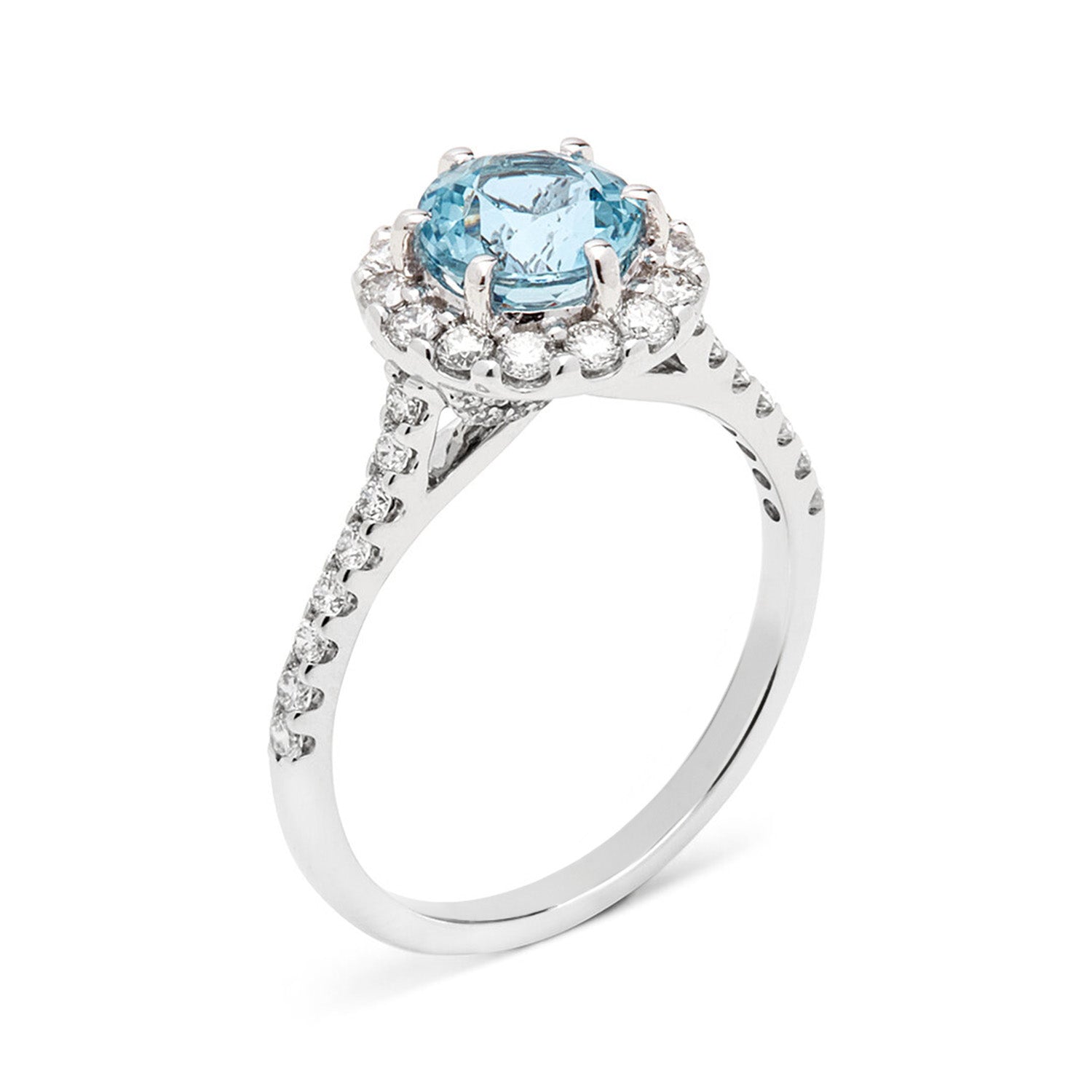 Faith Jewels Florence diamond engagement ring with a round-cut aquamarine surrounded by a halo of white diamonds and a half pavé-set band