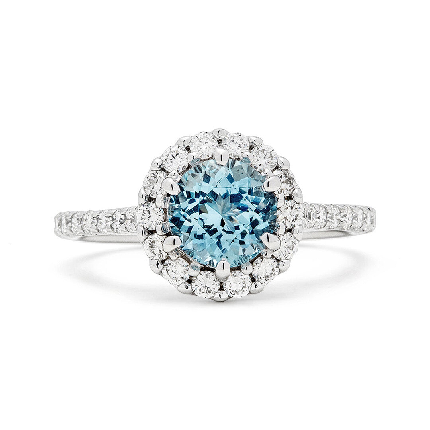 Faith Jewels Florence diamond engagement ring with a round-cut aquamarine surrounded by a halo of white diamonds and a half pavé-set band