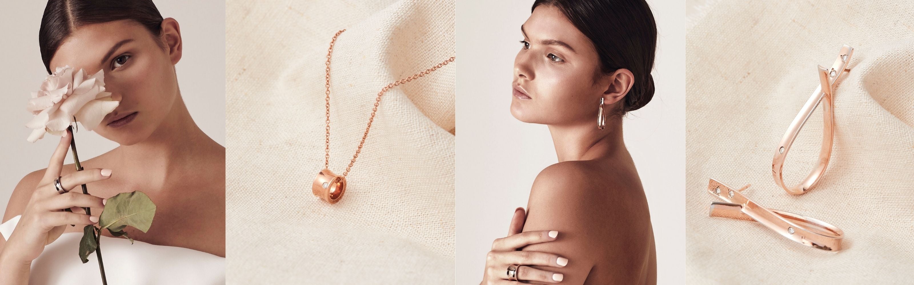 Faith Jewels rose gold necklace and earrings with a high-polish finish, worn on model