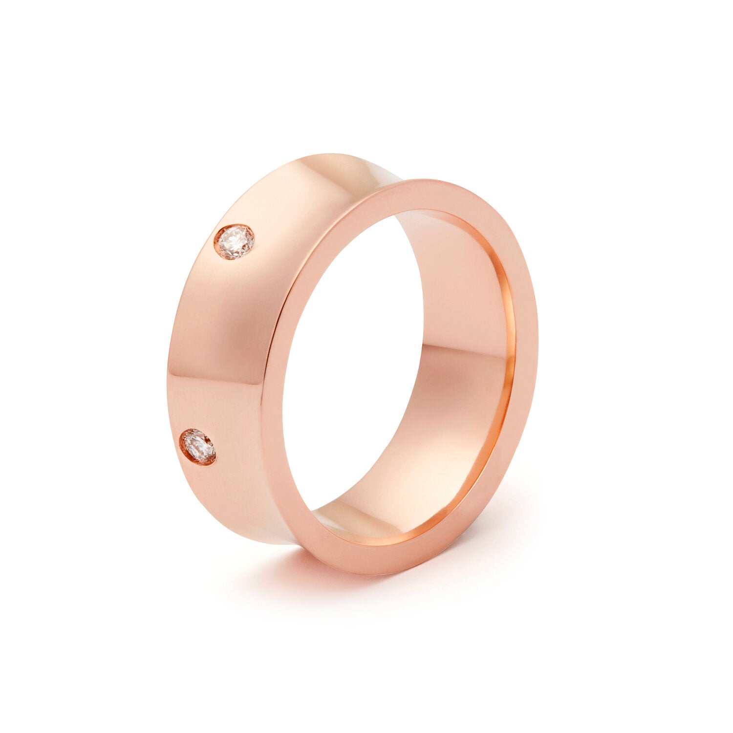 Faith Jewels slim 9k rose gold ring with a high-polish finish, featuring a concave top and three brilliant-cut white diamonds