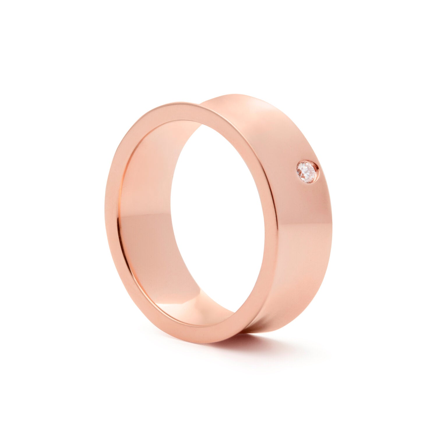 Faith Jewels slim 9k rose gold ring with a high-polish finish, featuring a concave top and three brilliant-cut white diamonds