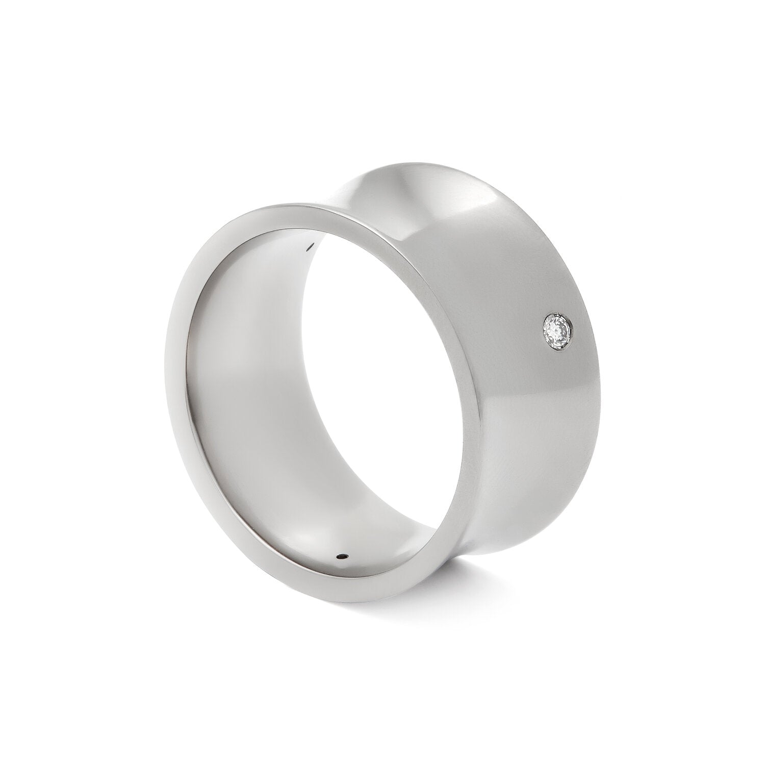 Faith Jewels Freedom Wide titanium ring with a high-polish finish, featuring a concave top and three brilliant-cut white diamonds