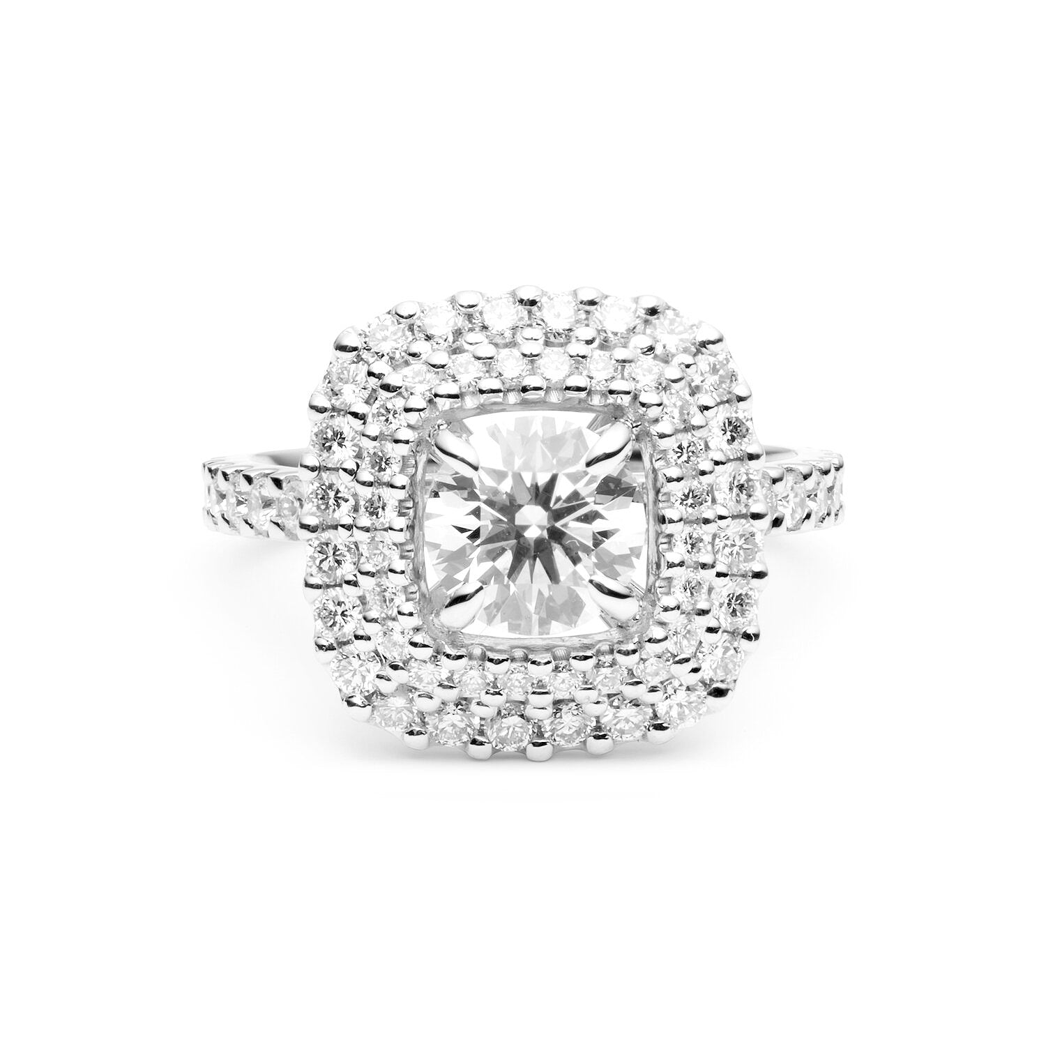 Faith Jewels Hepburn diamond engagement ring with a round brilliant-cut diamond center, double diamond halo, and pavé diamond band