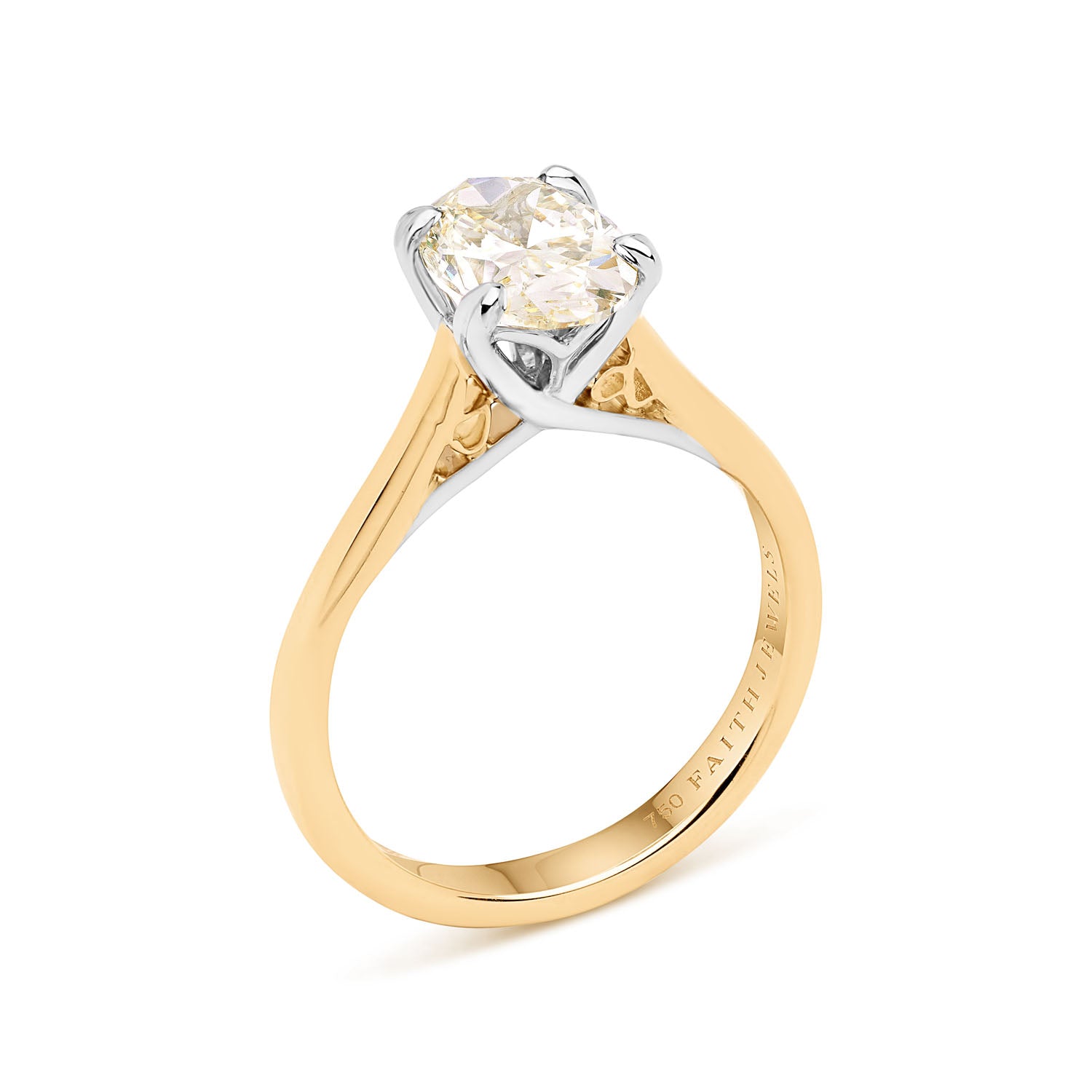 Faith Jewels Illume Yellow Diamond Engagement Ring featuring an oval-cut yellow diamond held by four white gold prongs, set on a polished yellow gold band, with personalised initials delicately placed underneath the diamond