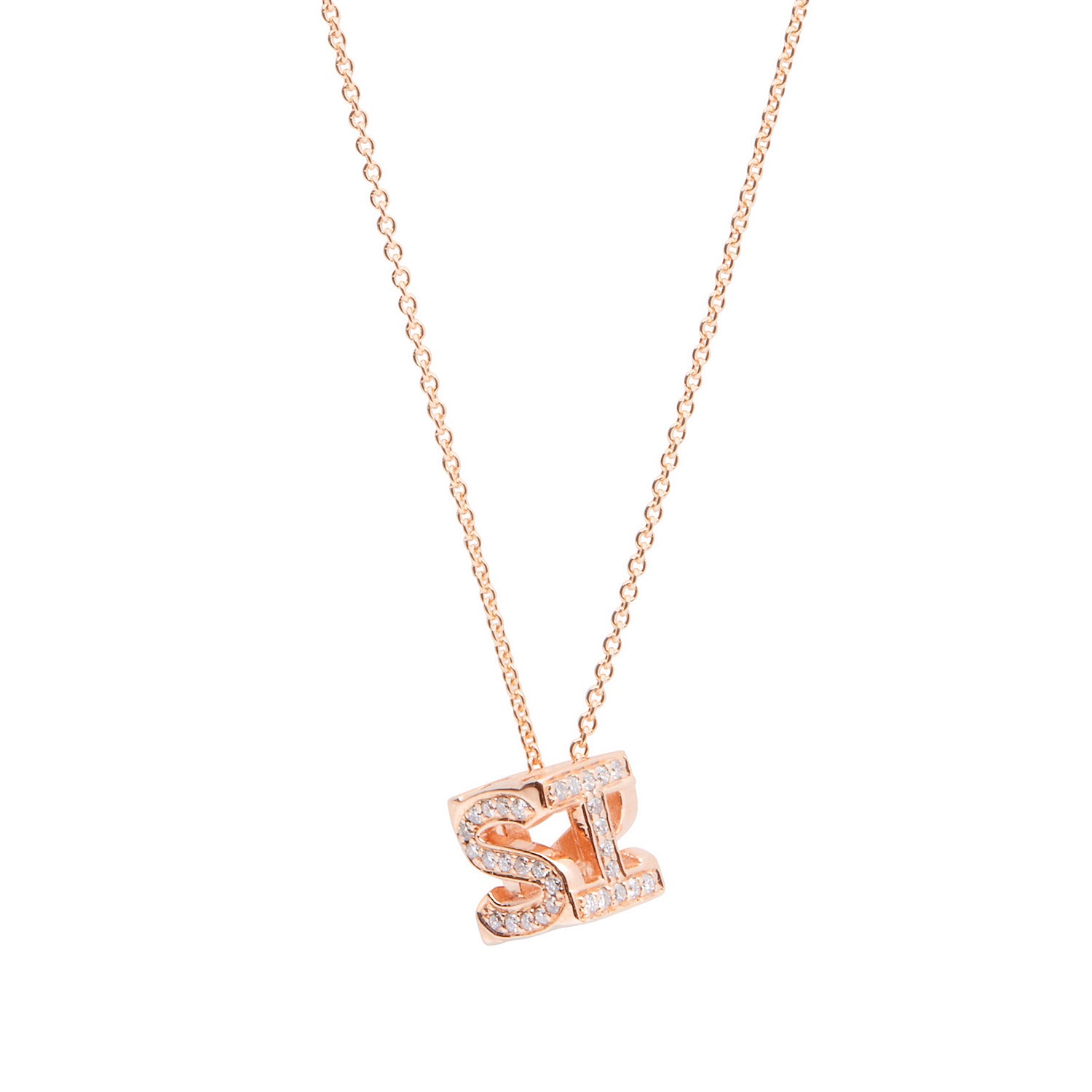 Bespoke Initial Cube Pendant Necklace featuring a customizable 3D cube design with initial S and I, suspended from a fine rose gold trace chain 